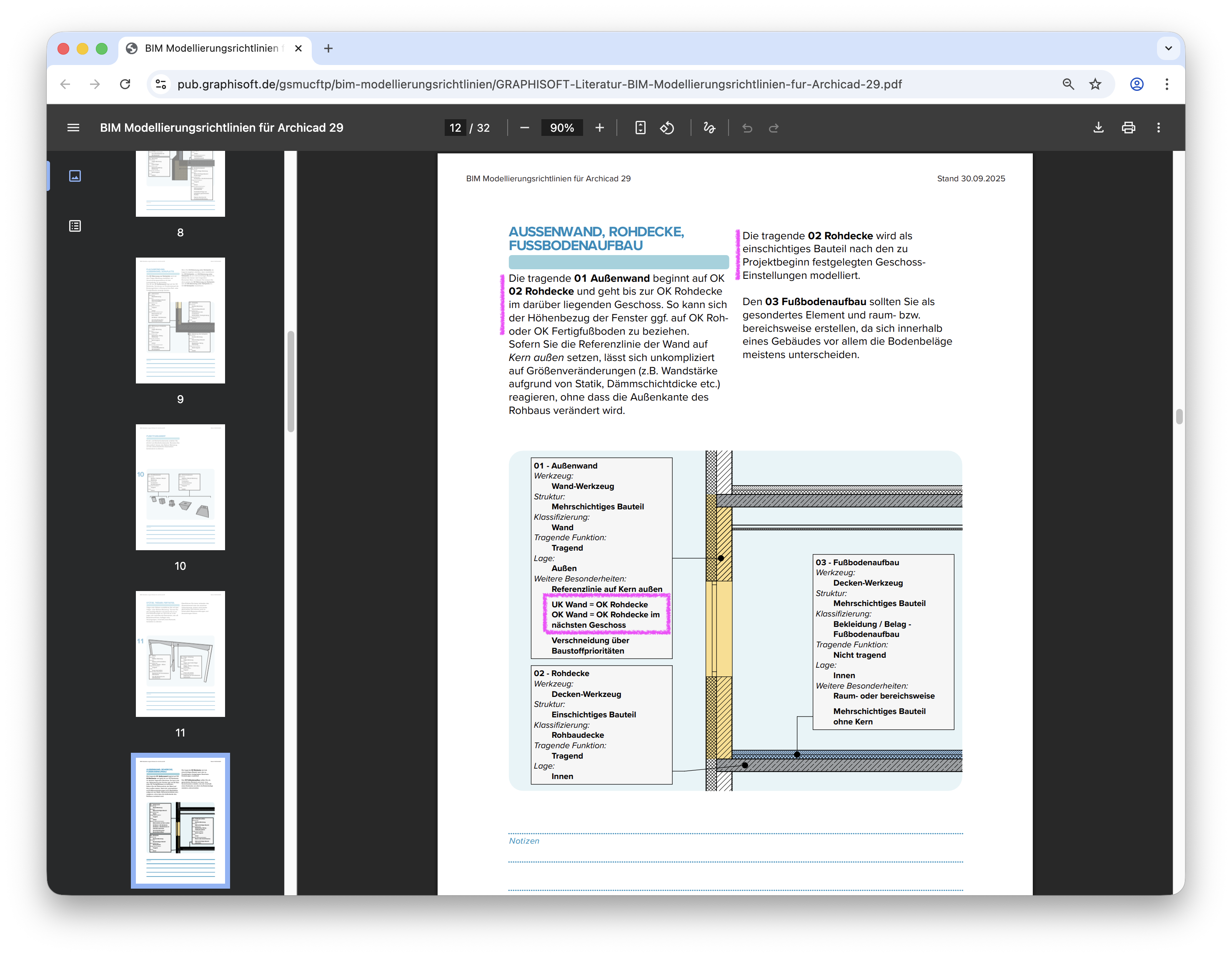 Browserfenster mit derselben PDF‑Datei BIM Modellierungsrichtlinien für Archicad 29, hier Seite 12 zum Thema AUSSENWAND, ROHDECKE, FUSSBODENAUFBAU mit Textbeschreibung links und rechts einer Detailgrafik des Wand‑Decken‑Anschlusses einschließlich Legende zu den Bauteildefinitionen wie 01 Außenwand, 02 Rohdecke und 03 Fußbodenaufbau.