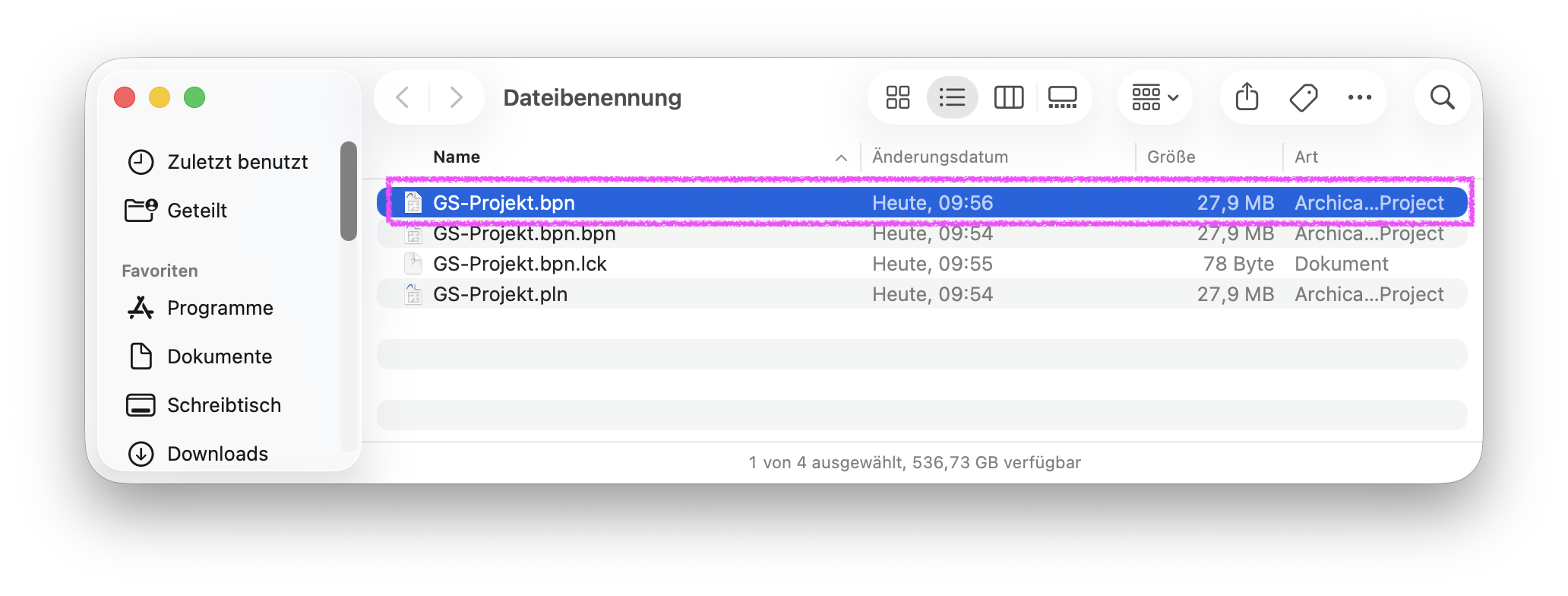 Finder‑Fenster mit dem Dialog Dateibenennung, im Ordner liegen mehrere Projektsicherungs‑Dateien und das Element GS‑Projekt.bpn ist markiert das als 27,9 MB große Archica…Project‑Datei mit heutigem Änderungsdatum angezeigt wird.