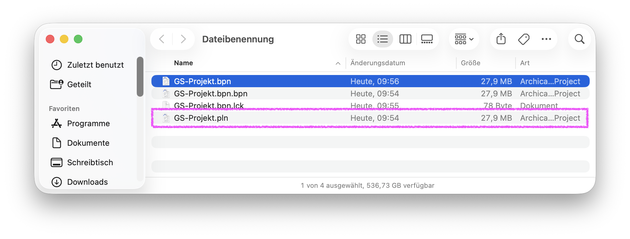 Finder‑Fenster Dateibenennung mit mehreren Projektdateien, hervorgehoben ist die Datei GS‑Projekt.pln die als 27,9 MB großes Archica…Project mit heutigem Änderungsdatum angezeigt wird und das eigentliche Arbeitsprojekt darstellt.