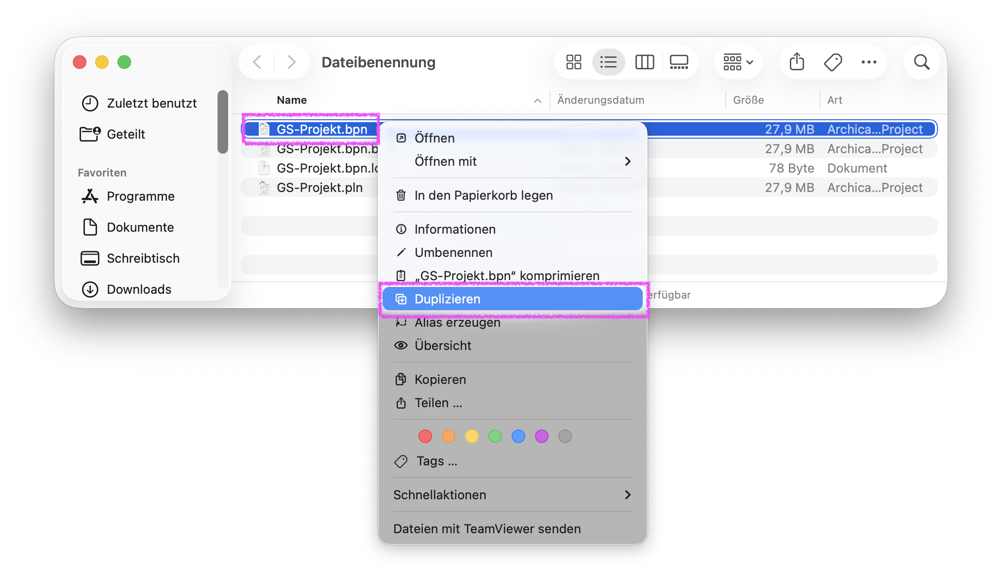 Finder‑Fenster Dateibenennung mit markierter Sicherungsdatei GS‑Projekt.bpn, daneben ist das Kontextmenü geöffnet und der Befehl Duplizieren hervorgehoben mit dem eine Kopie dieser Backup‑Datei erstellt werden kann.