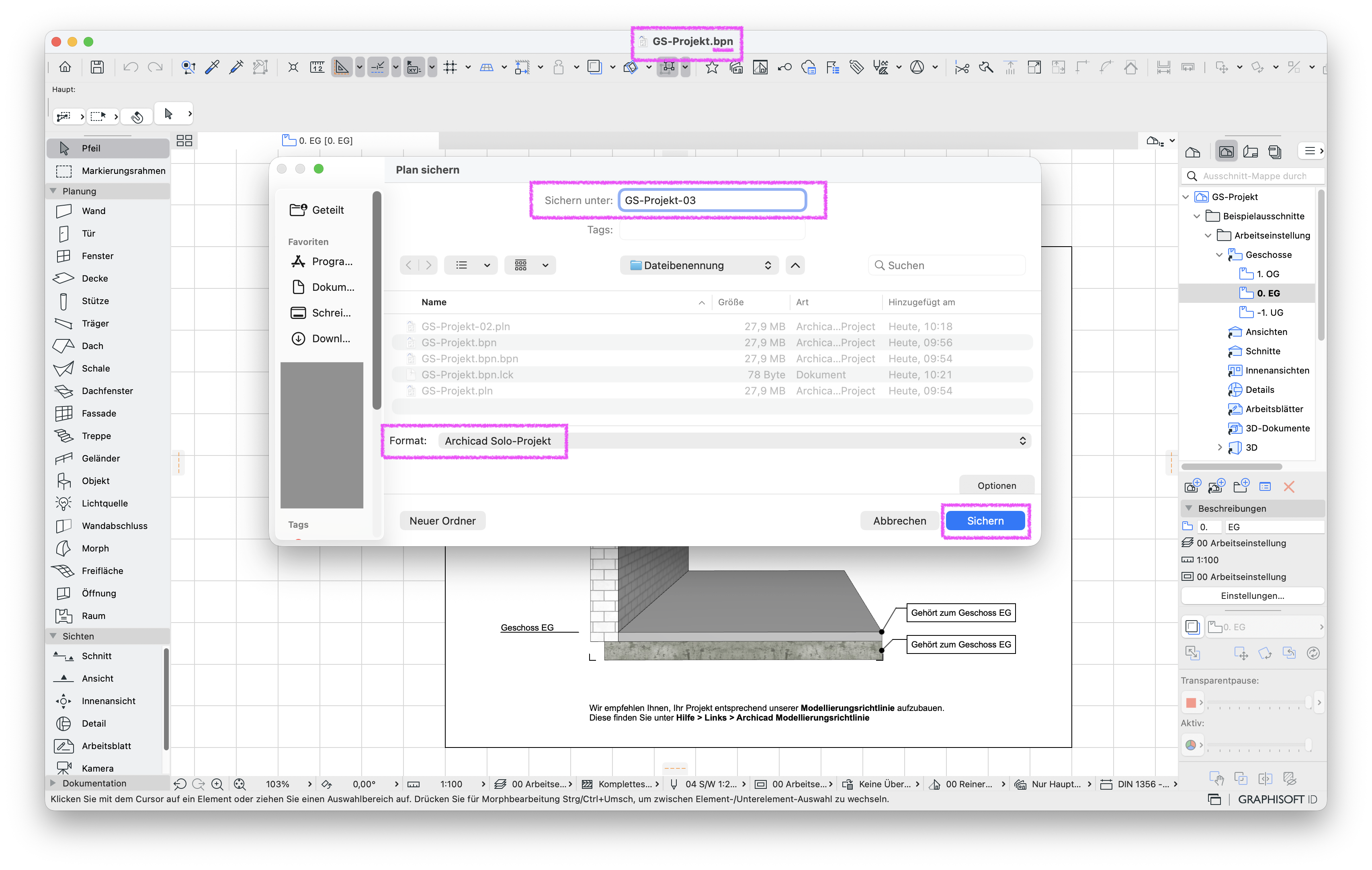 Offenes Archicad Programmfenster, darüber ist der Dialog&nbsp;Plan sichern&nbsp;geöffnet in dem das aktuell aus einer Sicherungsdatei&nbsp;GS‑Projekt.bpn&nbsp;geöffnete Projekt unter dem Namen&nbsp;GS‑Projekt‑03&nbsp;im Format&nbsp;Archicad Solo‑Projekt&nbsp;in den Ordner&nbsp;Dateibenennung&nbsp;gespeichert werden soll, während die Schaltfläche&nbsp;Sichern&nbsp;hervorgehoben ist.