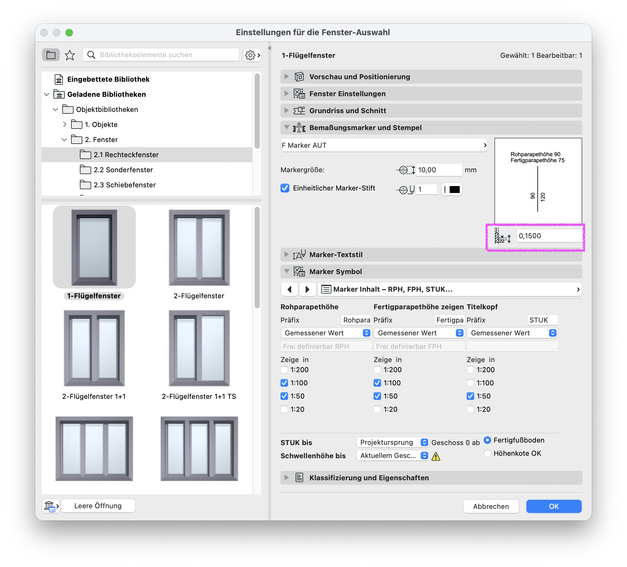 Dialog&nbsp;Einstellungen für die Fenster‑Auswahl&nbsp;mit ausgewähltem&nbsp;1‑Flügelfenster, links ist die Einstellung Stärke Bodenaufbau für den F Marker AUT festgelegt ist. 