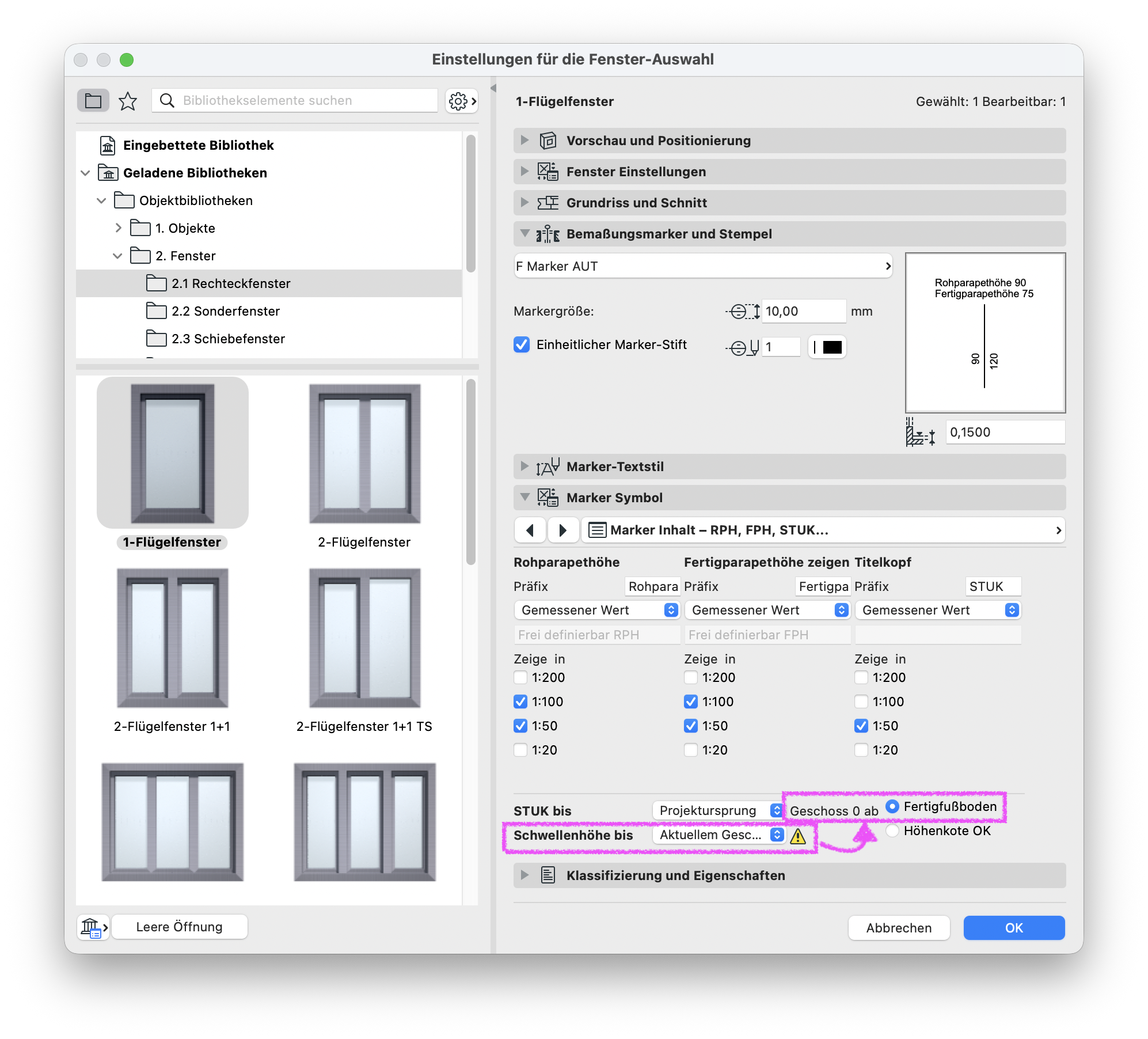 Dialog Einstellungen für die Fenster‑Auswahl mit ausgewähltem 1‑Flügelfenster, unten ist im Bereich Schwellhöhe bis Aktuellem Geschoss die Option Geschoss 0 ab Fertigfußboden markiert.