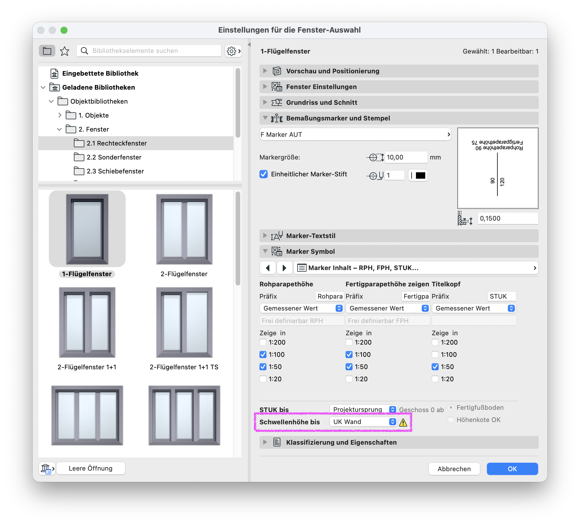 Dialog Einstellungen für die Fenster‑Auswahl mit ausgewähltem 1‑Flügelfenster, unten ist im Bereich Schwellenhöhe bis die Option UK Wand eingestellt und mit einem Warnsymbol markiert während oben im Marker die Roh‑ und Fertigparapethöhen 90/75 angezeigt werden.