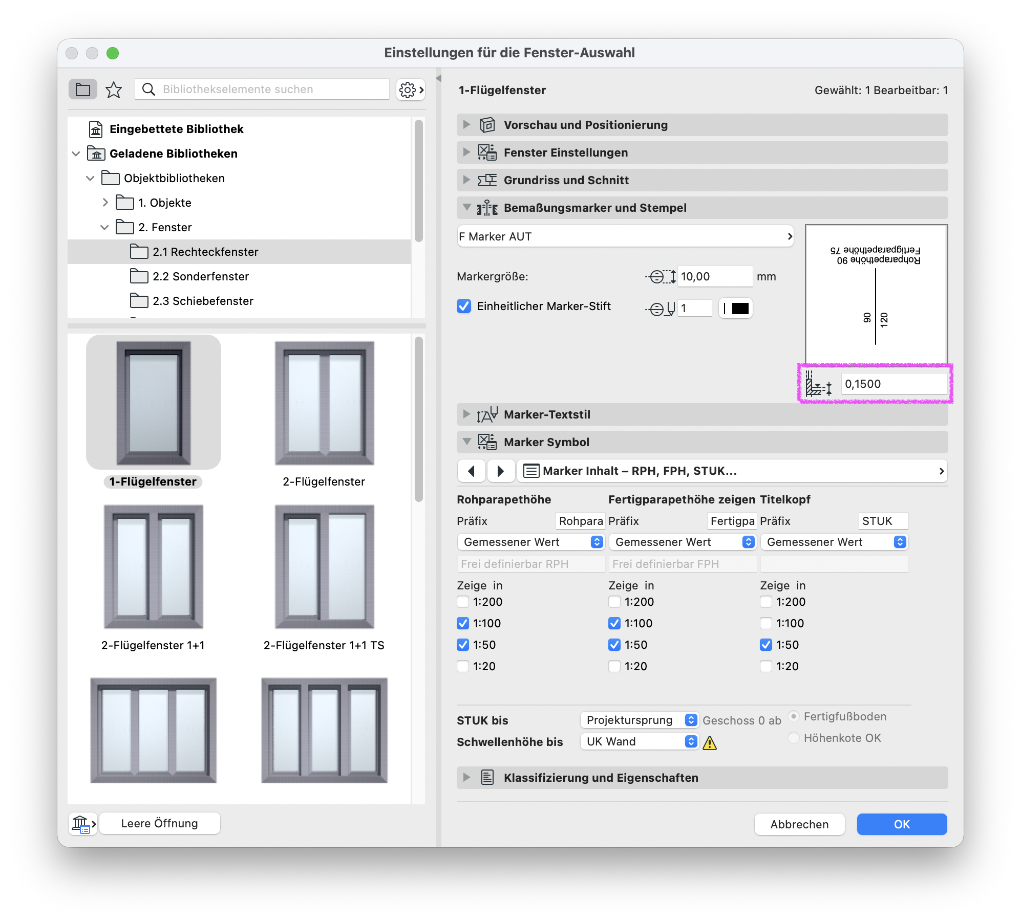 Dialog&nbsp;Einstellungen für die Fenster‑Auswahl&nbsp;mit ausgewähltem&nbsp;1‑Flügelfenster, links ist die Einstellung Stärke Bodenaufbau für den F Marker AUT festgelegt ist. 