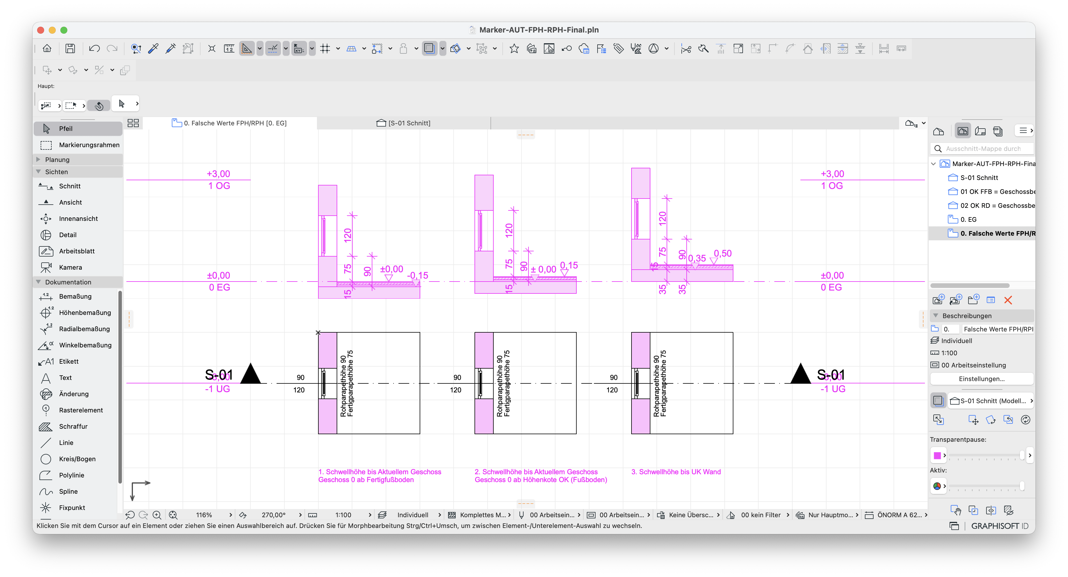 Grundriss und Schnitt mit drei nebeneinander dargestellten Modellierungssituationen, alle Varianten sind in Magenta bemaßt und beschriftet um unterschiedliche Bezugshöhen wie&nbsp;Rohparapethöhe&nbsp;und&nbsp;Fertigparapethöhe&nbsp;zu vergleichen.