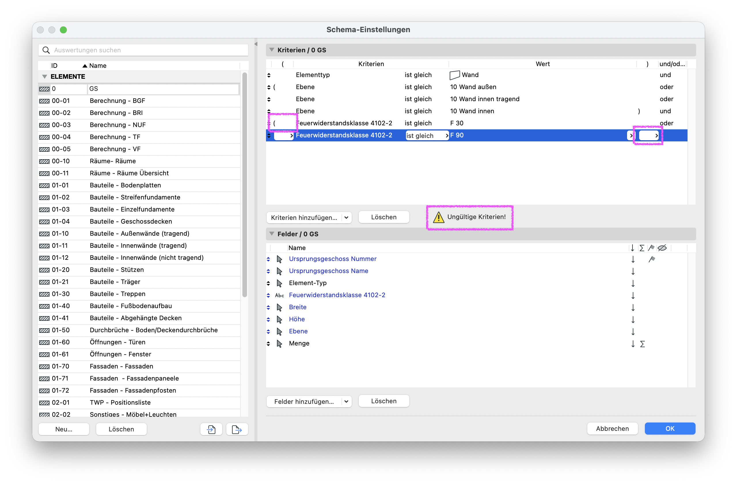 Dialog Schema‑Einstellungen mit Auswertung 0 GS, im Bereich Kriterien / 0 GS sind die Klammern der logischen Verknüpfung fehlerhaft gesetzt (pink markiert) sodass die Kombination der Kriterien Elementtyp = Wand, Ebenenfilter und Feuerwiderstandsklassen 4102‑2 F 30/F 90 zu einer Warnmeldung Ungültige Kriterien! führt.
