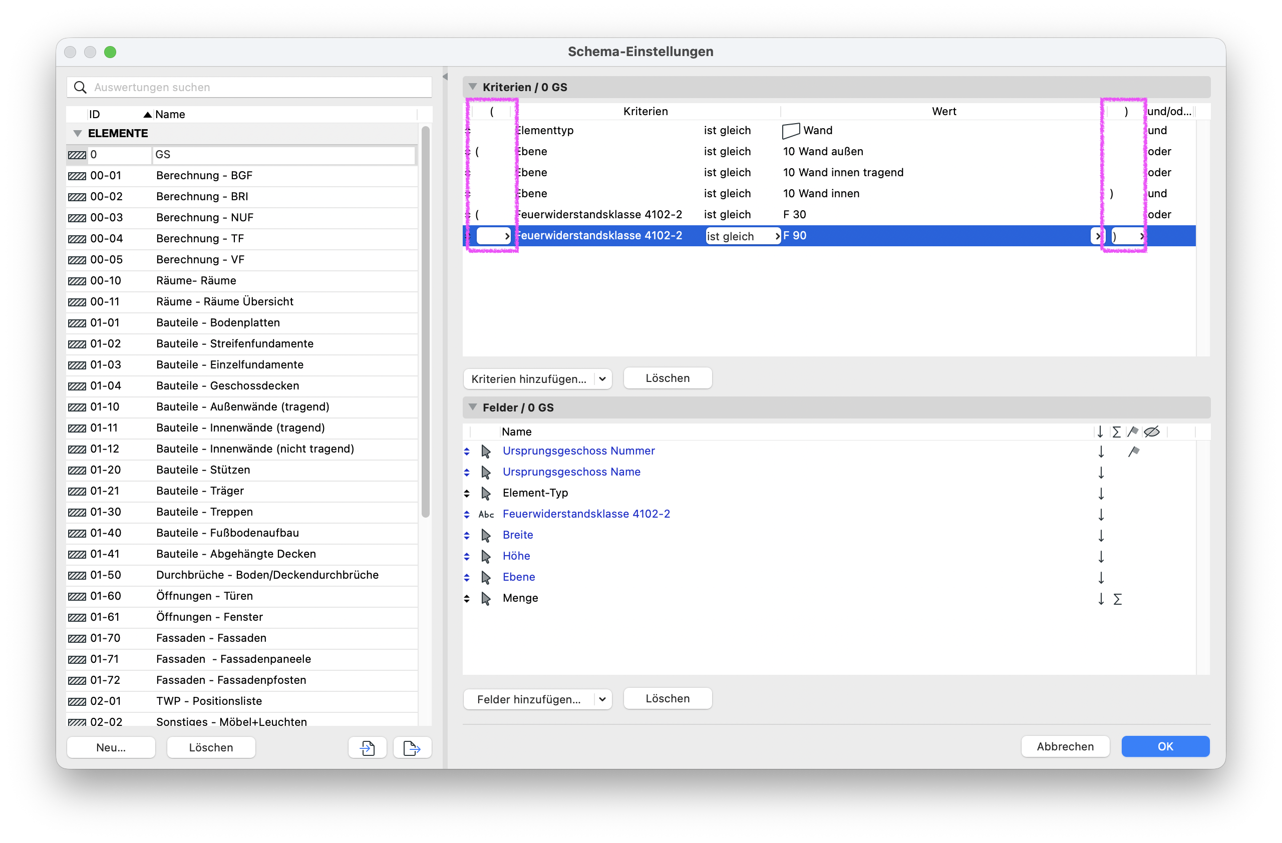 Dialog Schema‑Einstellungen mit geöffneter Auswertung 0 GS, im Bereich Kriterien / 0 GS sind die Klammern der logischen Verknüpfung hervorgehoben die die Kriterien Elementtyp = Wand, Ebenenfilter sowie die beiden Feuerwiderstandsklassen 4102‑2 = F 30 und F 90 zu einer gemeinsamen Abfrage gruppieren.
