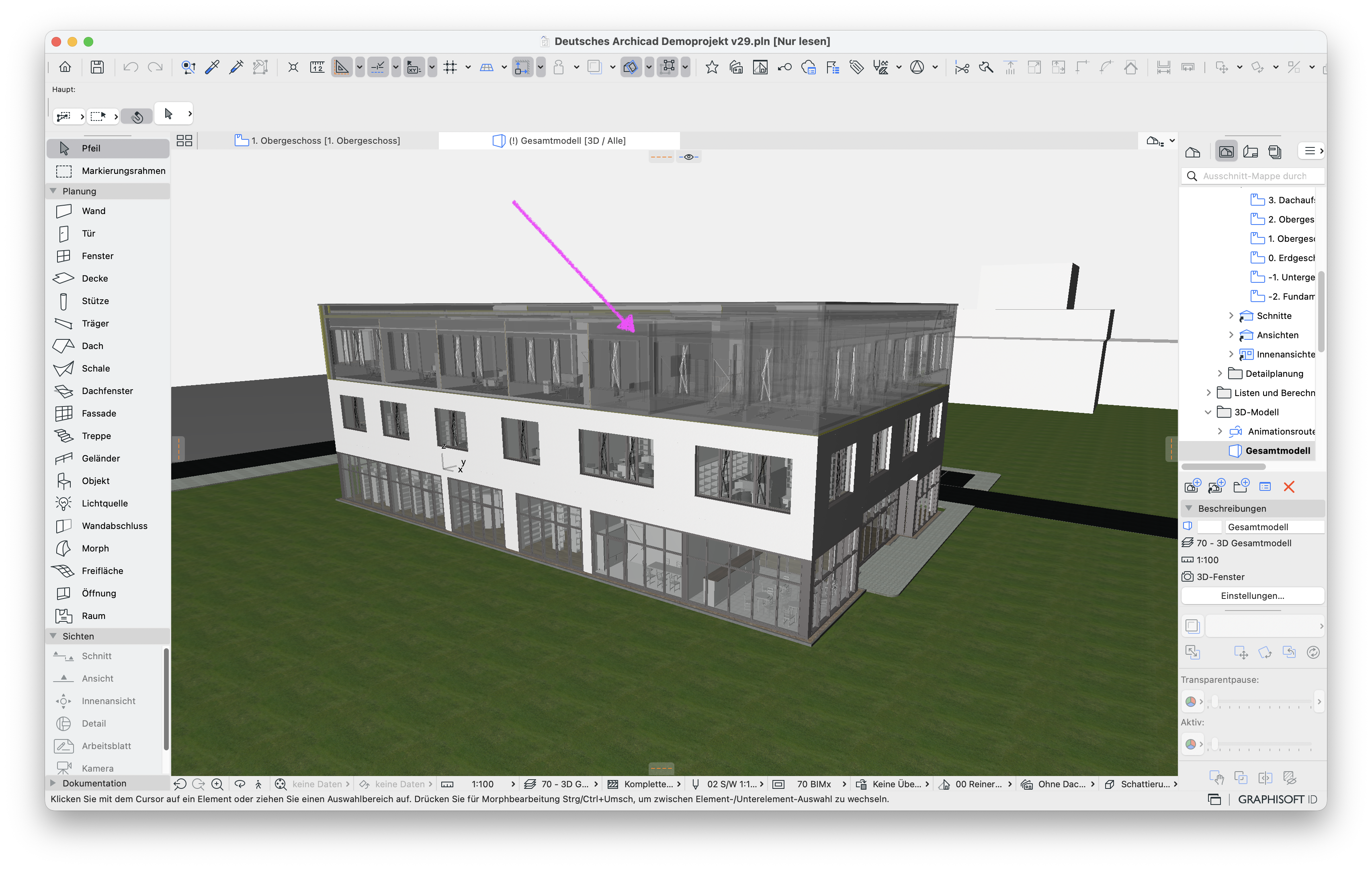 3D‑Fenster des Archicad-Demoprojekts, gezeigt wird das Gesamtmodell eines dreigeschossigen Bürogebäudes in perspektivischer Ansicht und ein pinker Pfeil markiert im teilweise transparent dargestellten obersten Geschoss einen ausgewählten Innenraumbereich.