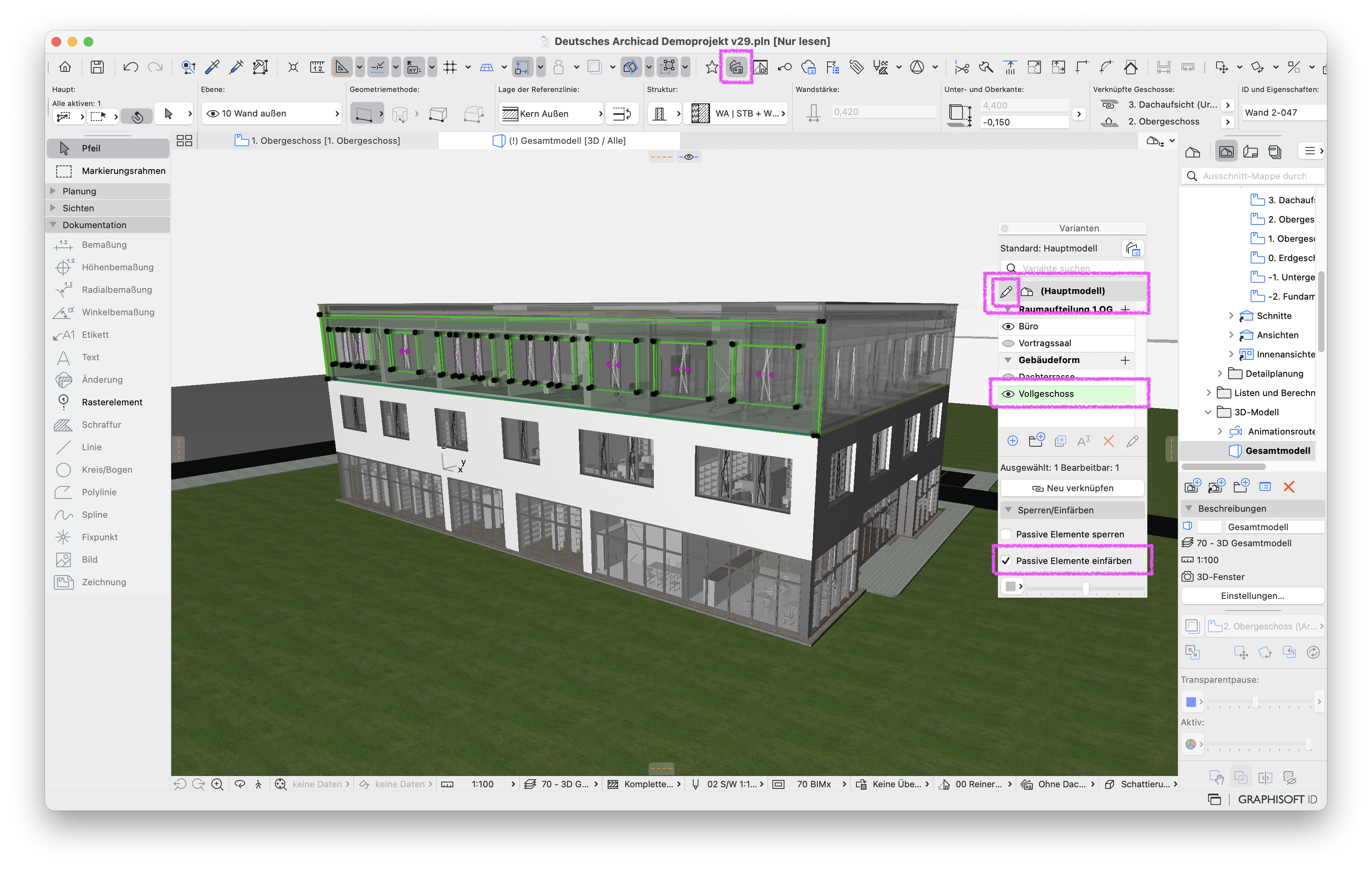 3D‑Fenster des Demoprojekts, das oberste Geschoss ist als Auswahl grün umrahmt und im&nbsp;Varianten-Palette‑Dialog rechts ist die Variante&nbsp;Vollgeschoss&nbsp;aktiviert wobei die Option&nbsp;Passive Elemente einfärben&nbsp;eingeschaltet ist und in Symbolleiste die Varianten-Palette aktiv&nbsp;angezeigt wird.