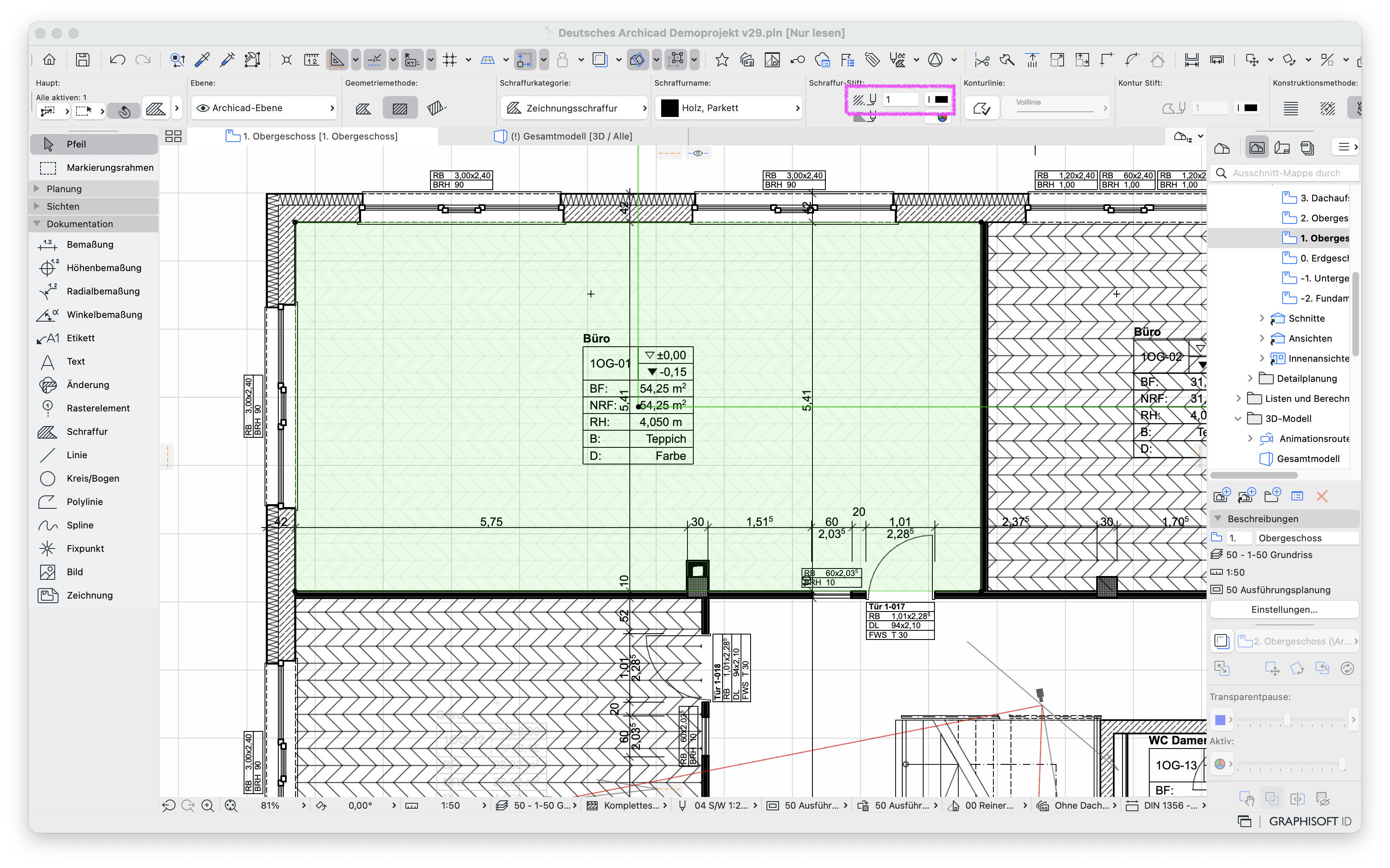 Grundrissfenster des 1. Obergeschosses mit aktivem Werkzeug&nbsp;Schraffur, die Parkett-Schraffur&nbsp;ist als hellgraue&nbsp;Schraffur&nbsp;grün markiert und oben in der Infozeile ist als&nbsp;Schraffurstift&nbsp;der Stift&nbsp;1&nbsp;mit schwarzer Farbe eingestellt während mittig ein&nbsp;Raumstempel&nbsp;die Flächen‑ und Höhenangaben des Büros anzeigt.