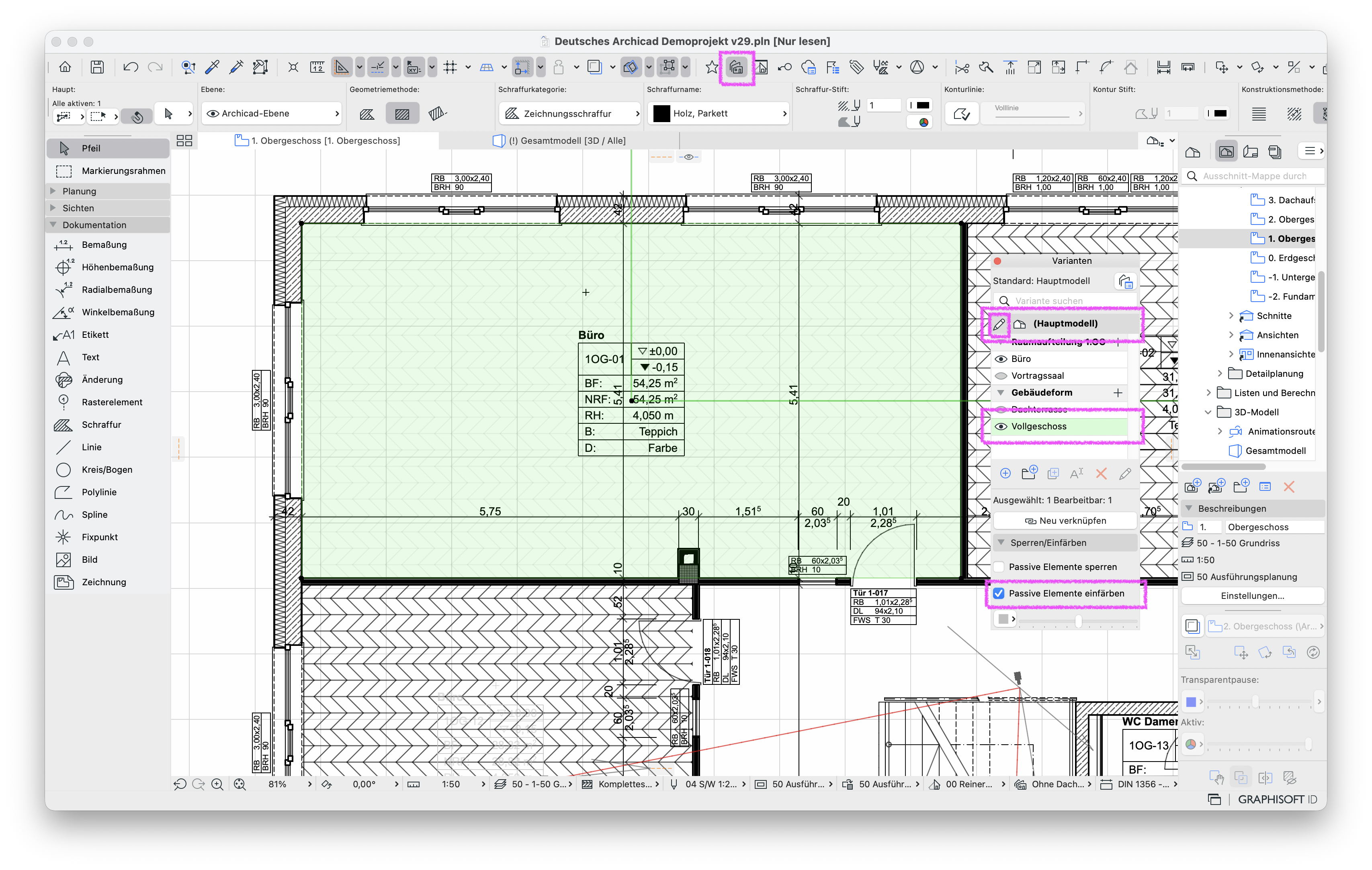 Grundrissfenster des 1. Obergeschosses mit aktivem Werkzeug&nbsp;Schraffur, das Parkett&nbsp;ist als hellgrüne&nbsp;Schraffur&nbsp;dargestellt und rechts in der&nbsp;Varianten‑Palette&nbsp;ist die passive Variante&nbsp;Vollgeschoss&nbsp;hervorgehoben wobei die Option&nbsp;Passive Elemente einfärben&nbsp;eingeschaltet ist und die passive Schraffur dadurch heller eingefärbt erscheinen.