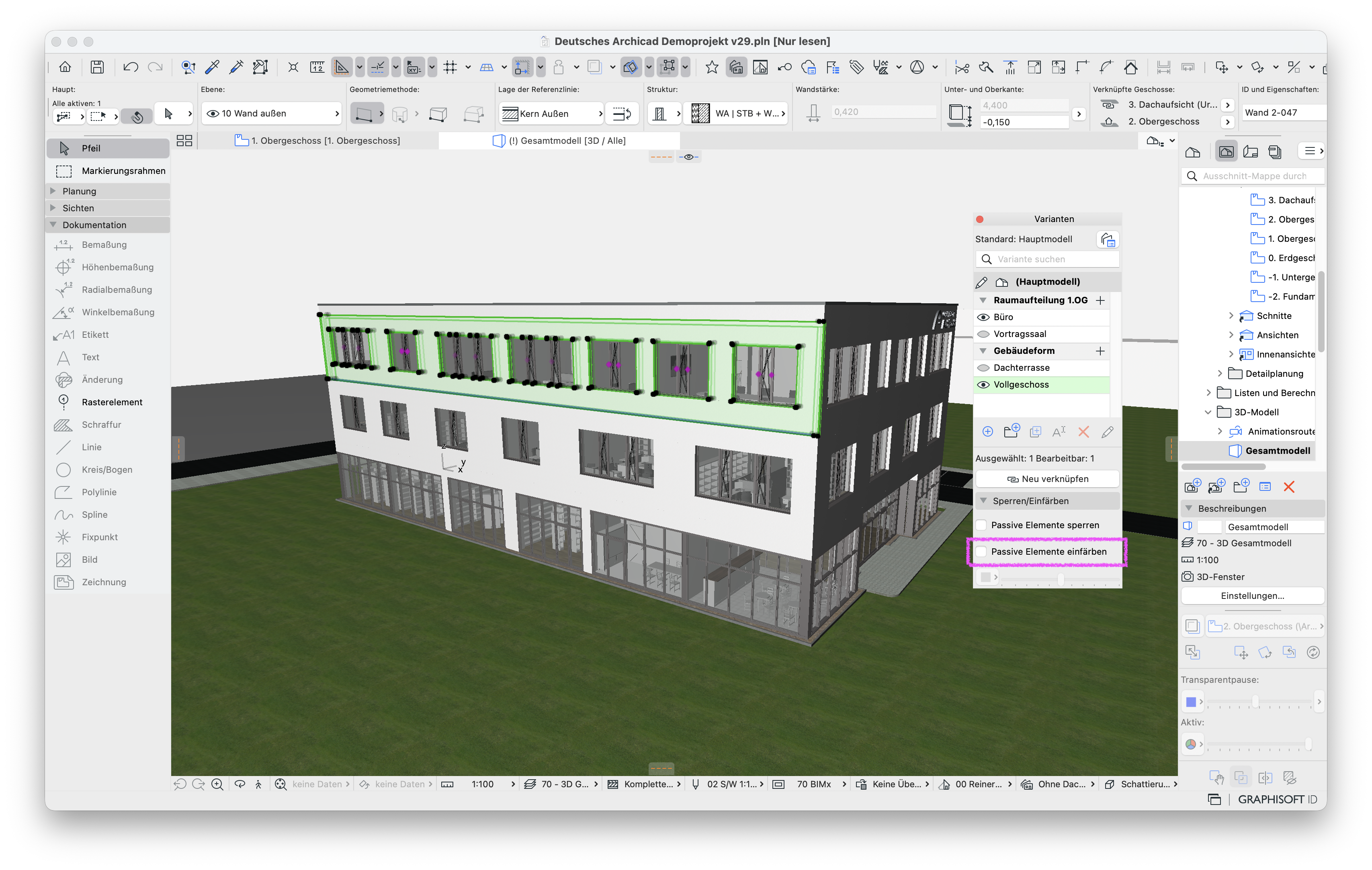 3D‑Fenster des Demoprojekts mit aktivem Werkzeug&nbsp;Wand, das oberste Geschoss hat eine Wand als Auswahl grün umrahmt und in der&nbsp;Varianten‑Palette&nbsp;rechts ist die passive Variante&nbsp;Vollgeschoss&nbsp;hervorgehoben wobei die Option&nbsp;Passive Elemente einfärben&nbsp;ausgeschaltet ist.