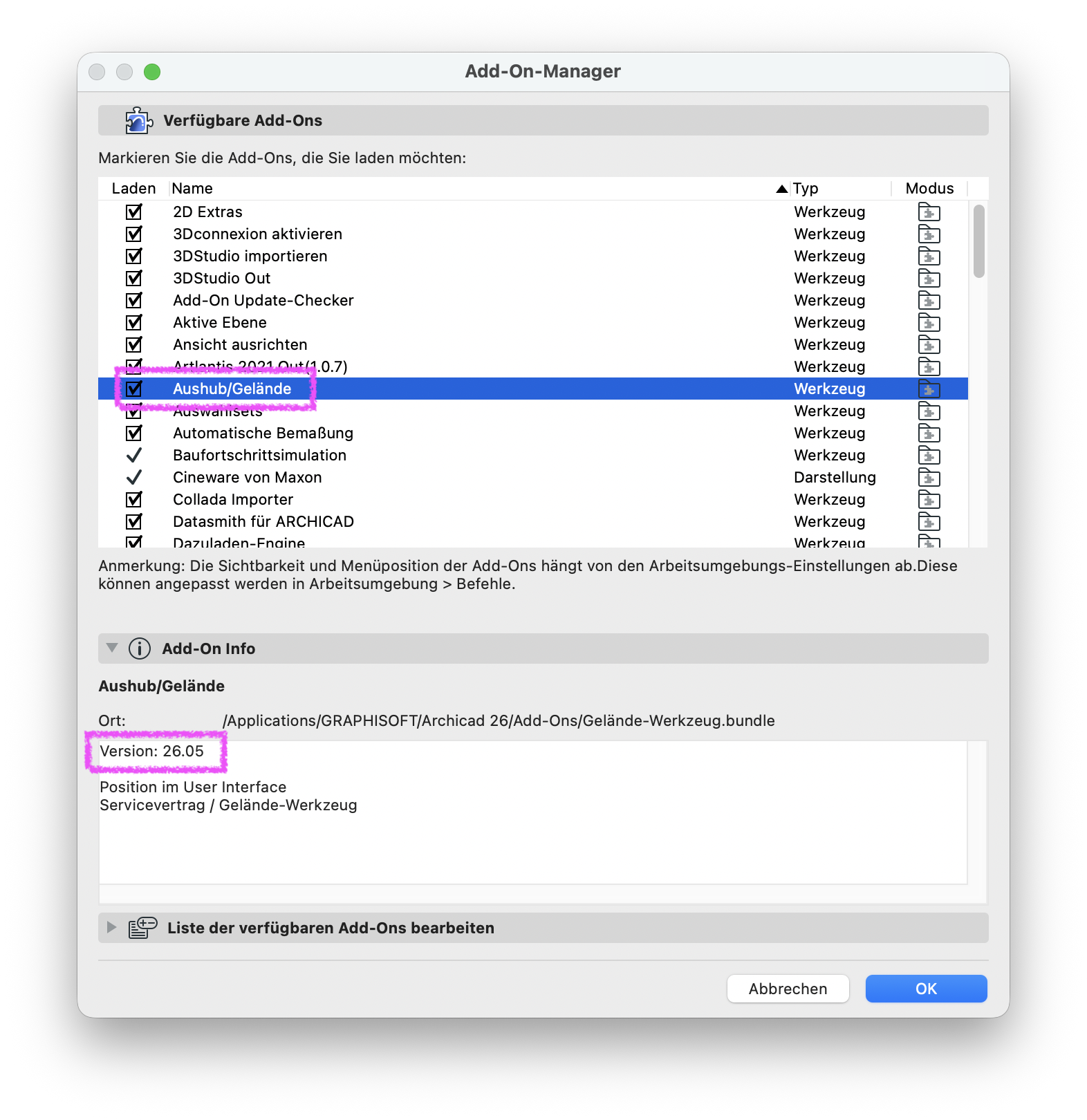 Dialog Add‑On‑Manager mit Register Verfügbare Add‑Ons, das Add‑On Aushub/Gelände ist in der Liste aktiviert markiert und im Bereich Add‑On Info unten wird der Speicherort des Gelände‑Werkzeug‑Bundles sowie die Versionsnummer 26.05 angezeigt.