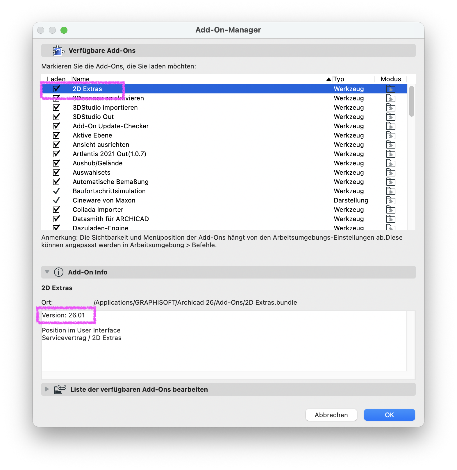 Dialog Add‑On‑Manager mit Register Verfügbare Add‑Ons, das Add‑On 2D Extras ist in der Liste der Add‑Ons aktiviert markiert und unten im Bereich Add‑On Info wird der Speicherort des Bundles sowie die Versionsnummer 26.01 angezeigt. ​