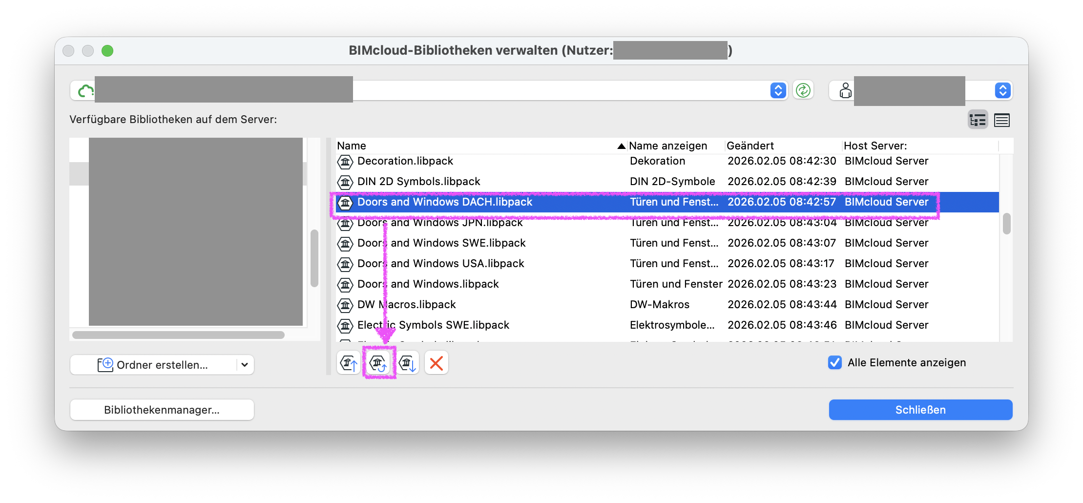 Dialog BIMcloud-Bibliotheken verwalten mit ausgewählten Libpack mit hervorgehobener Aktualisieren-Schaltfläche.