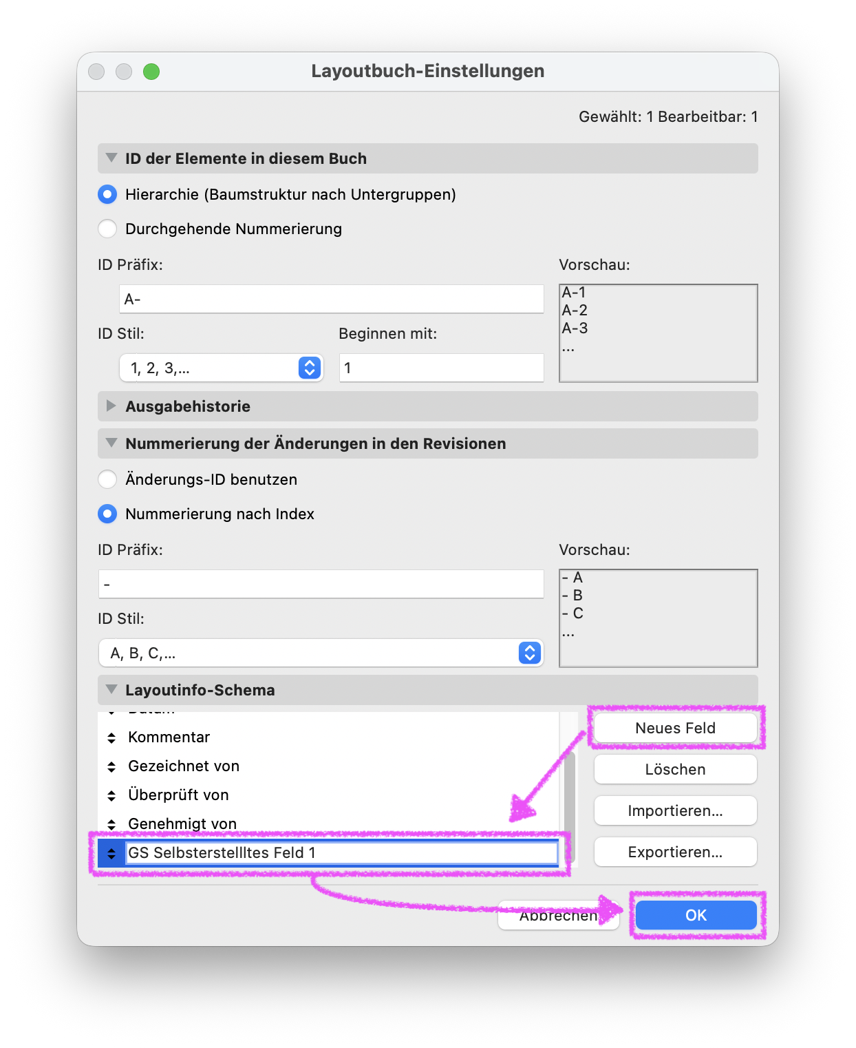 Dialog Layoutbuch‑Einstellungen, im Bereich Layoutinfo‑Schema wurde ein neues Feld mit dem Namen GS Selbsterstelltes Feld 1 angelegt das in der Liste der Layoutinfo‑Felder markiert ist und über die Schaltfläche Neues Feld hinzugefügt wurde.