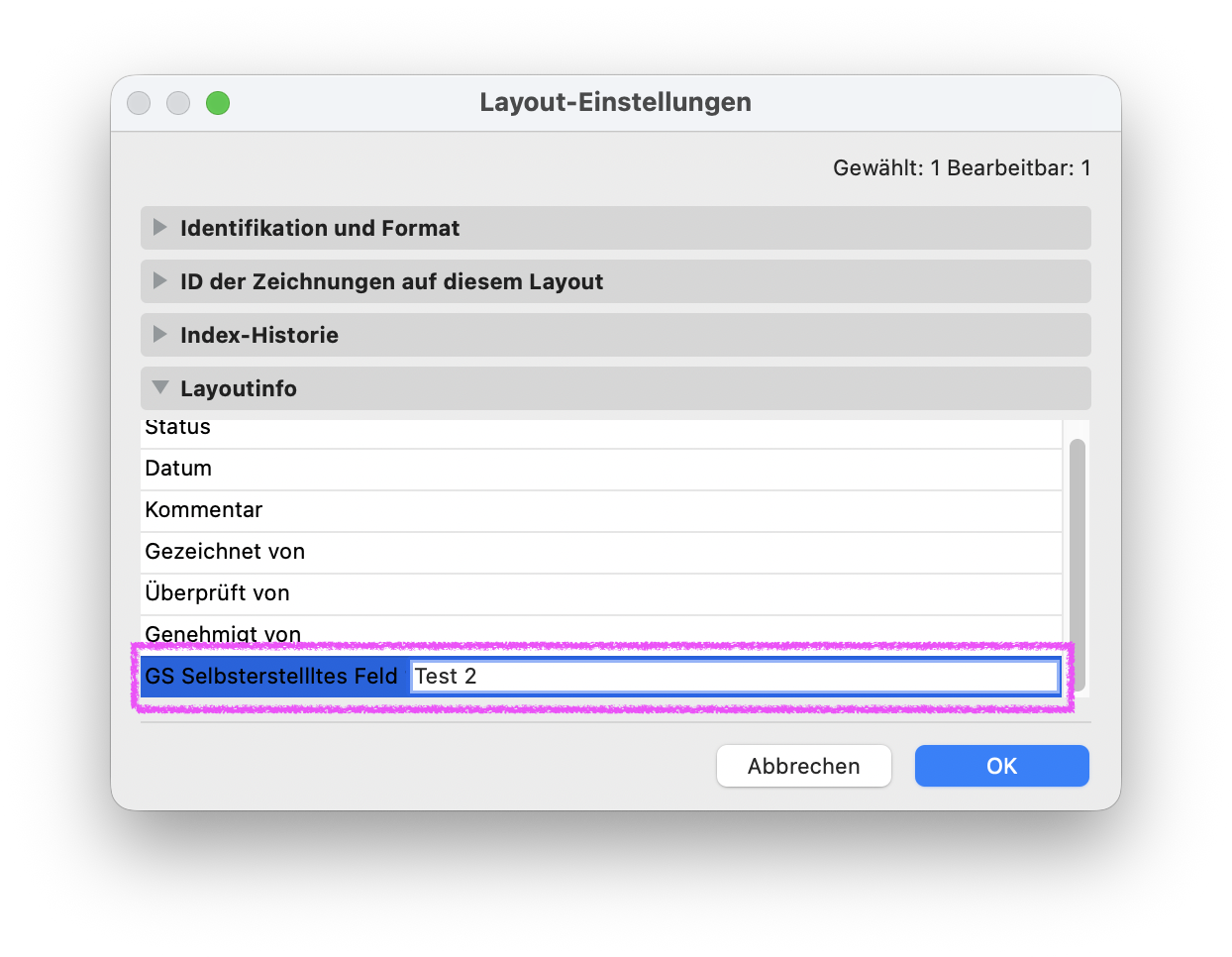 Dialog Layout‑Einstellungen, im geöffneten Bereich Layoutinfo ist das Feld GS Selbsterstelltes Feld vorhanden und für das aktuell gewählte Layout mit dem Textwert Test 2 belegt.