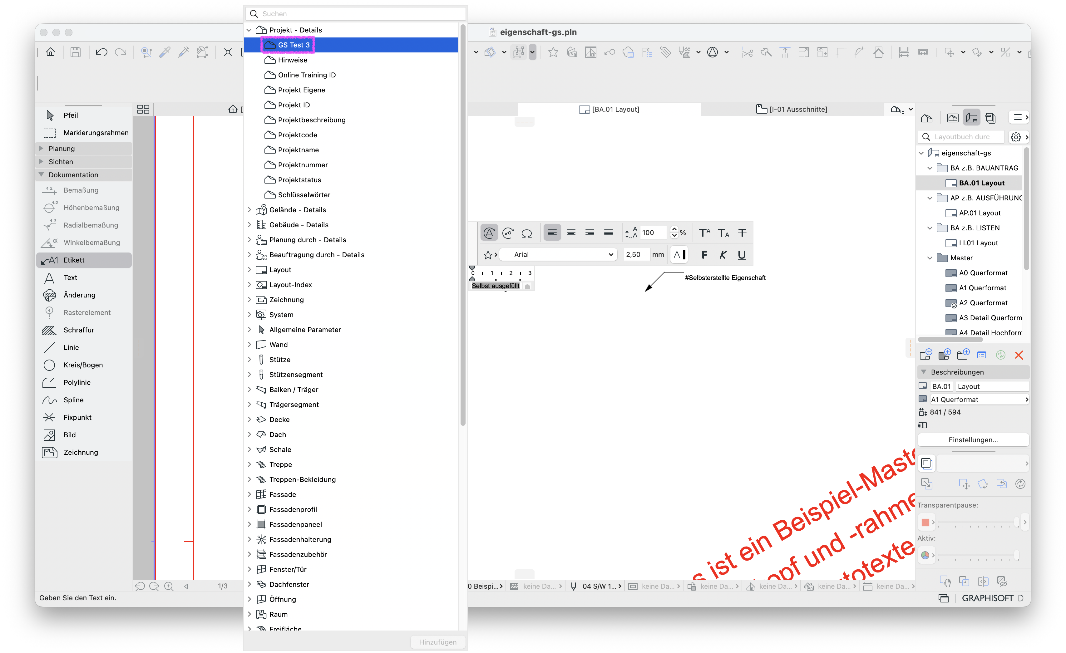 Layoutfenster mit aktivem Werkzeug Etikett, links im Dialog Projekt‑Details ist unter Projekt der Eintrag GS Test 3 ausgewählt und rechts im Layout ist ein Etikett platziert das den Projekt‑Info‑Wert Selbst ausgefüllt als automatisch verknüpften Text anzeigt.