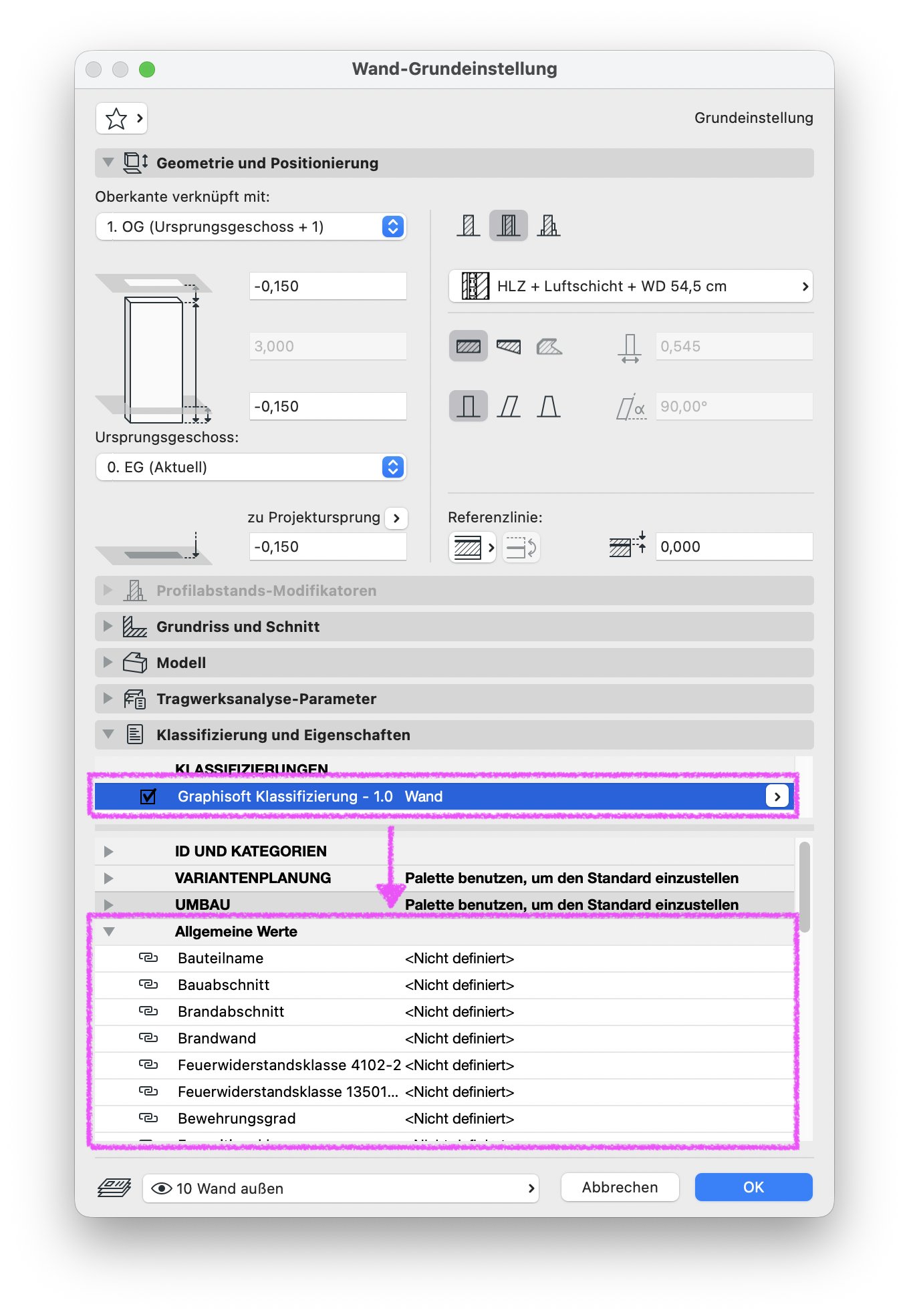 Dialog Wand‑Grundeinstellung mit geöffnetem Bereich Klassifizierung und Eigenschaften, unter Klassifizierungen ist Graphisoft Klassifizierung – 1.0 Wand aktiviert und darunter werden im Abschnitt Allgemeine Werte mehrere Eigenschaften wie Bauteilname und Brandwand als <Nicht definiert> angezeigt.