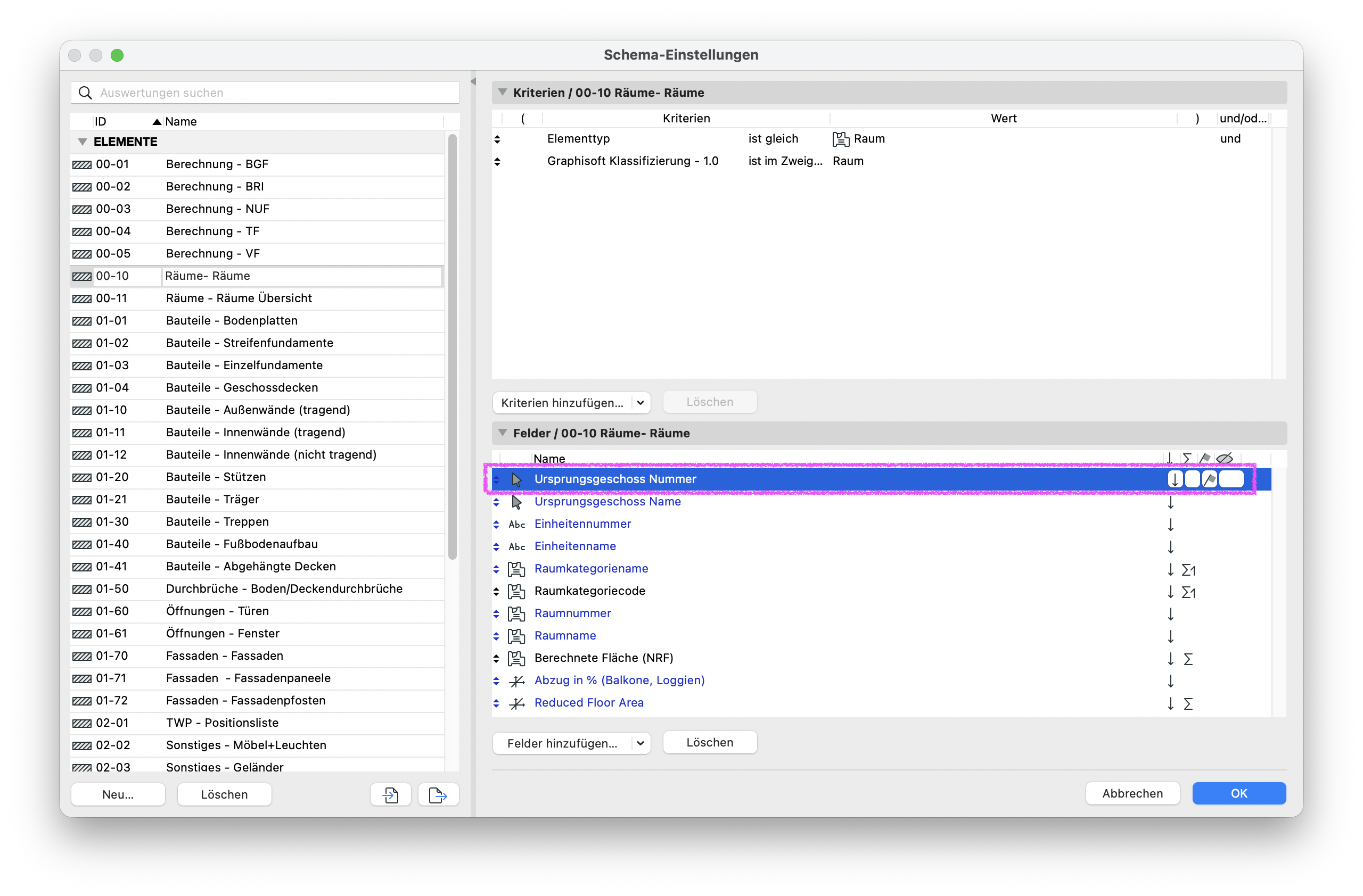 Dialog&nbsp;Schema‑Einstellungen&nbsp;für die Auswertung&nbsp;00‑10 Räume – Räume, oben sind die Kriterien definiert (Elementtyp&nbsp;Raum&nbsp;und&nbsp;Graphisoft Klassifizierung – 1.0&nbsp;im Zweig&nbsp;Raum) und unten in der Feldliste ist das Feld&nbsp;Ursprungsgeschoss Nummer&nbsp;als erster Parameter in den Feldern markiert.