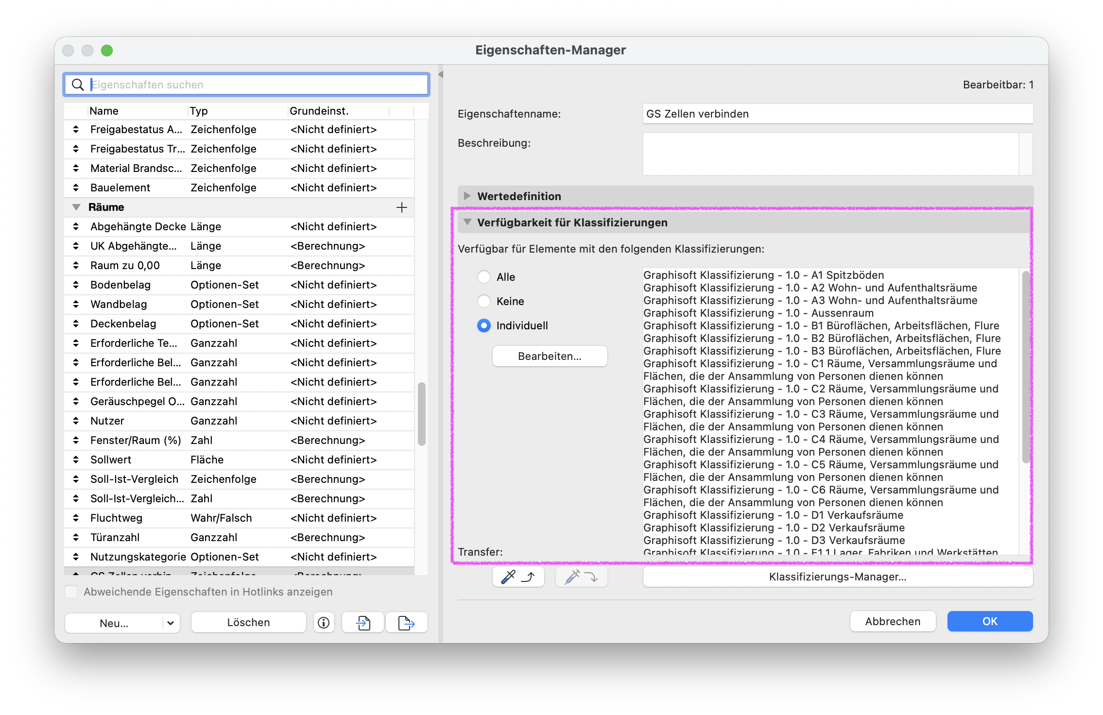 Dialog Eigenschaften‑Manager, die neu angelegte Eigenschaft GS Zellen verbinden ist ausgewählt und im Abschnitt Verfügbarkeit für Klassifizierungen ist die Option Individuell aktiv wodurch die Eigenschaft für zahlreiche Einträge der Graphisoft Klassifizierung – 1.0 in der Liste rechts freigegeben wurde.