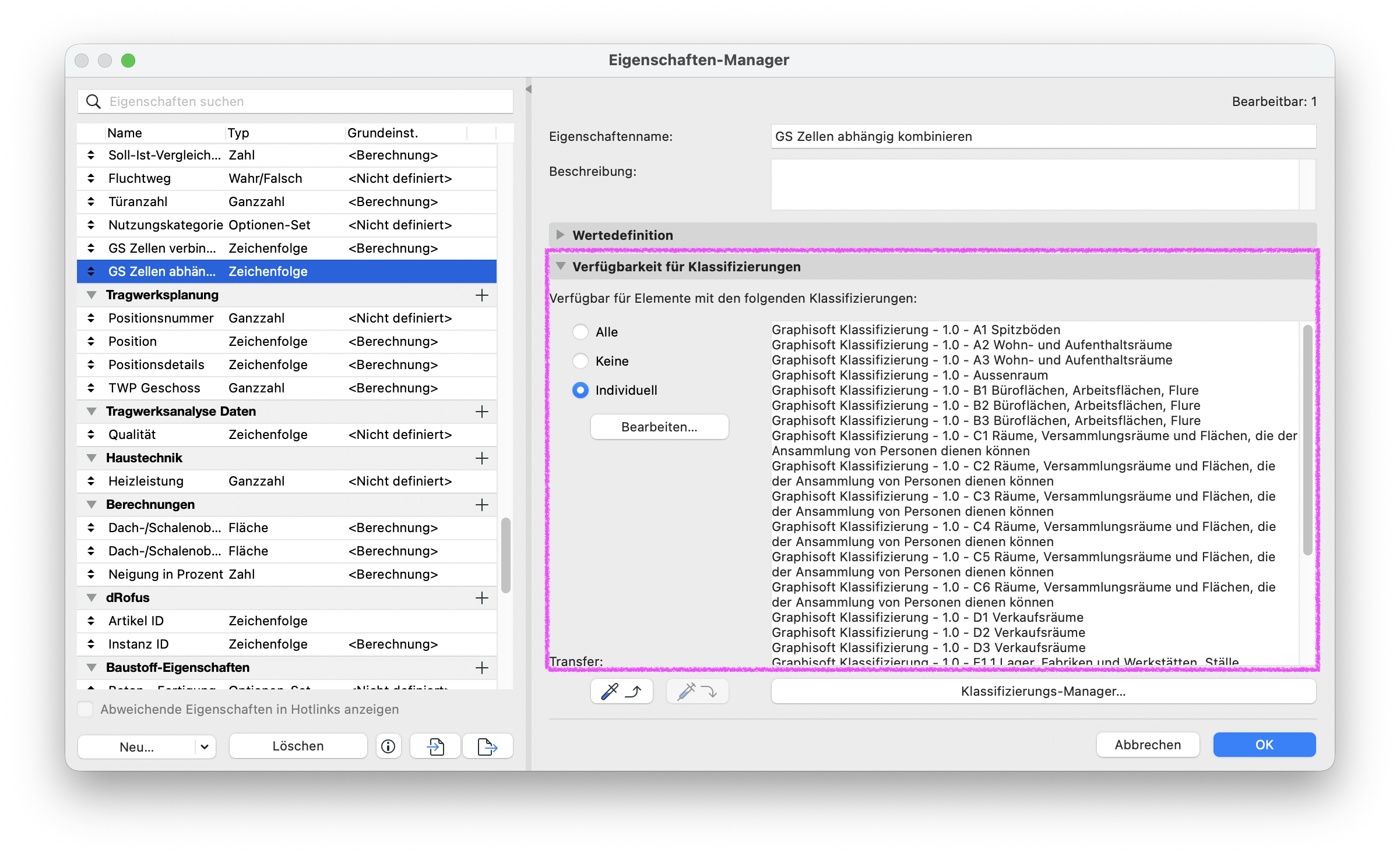 Dialog&nbsp;Eigenschaften‑Manager, die Eigenschaft&nbsp;GS Zellen abhängig kombinieren&nbsp;(Typ Zeichenfolge) ist ausgewählt und im Abschnitt&nbsp;Verfügbarkeit für Klassifizierungen&nbsp;ist wie zuvor die Option&nbsp;Individuell&nbsp;aktiv wodurch die Eigenschaft für zahlreiche ausgewählte Einträge der&nbsp;Graphisoft Klassifizierung – 1.0&nbsp;ausgewählt ist.