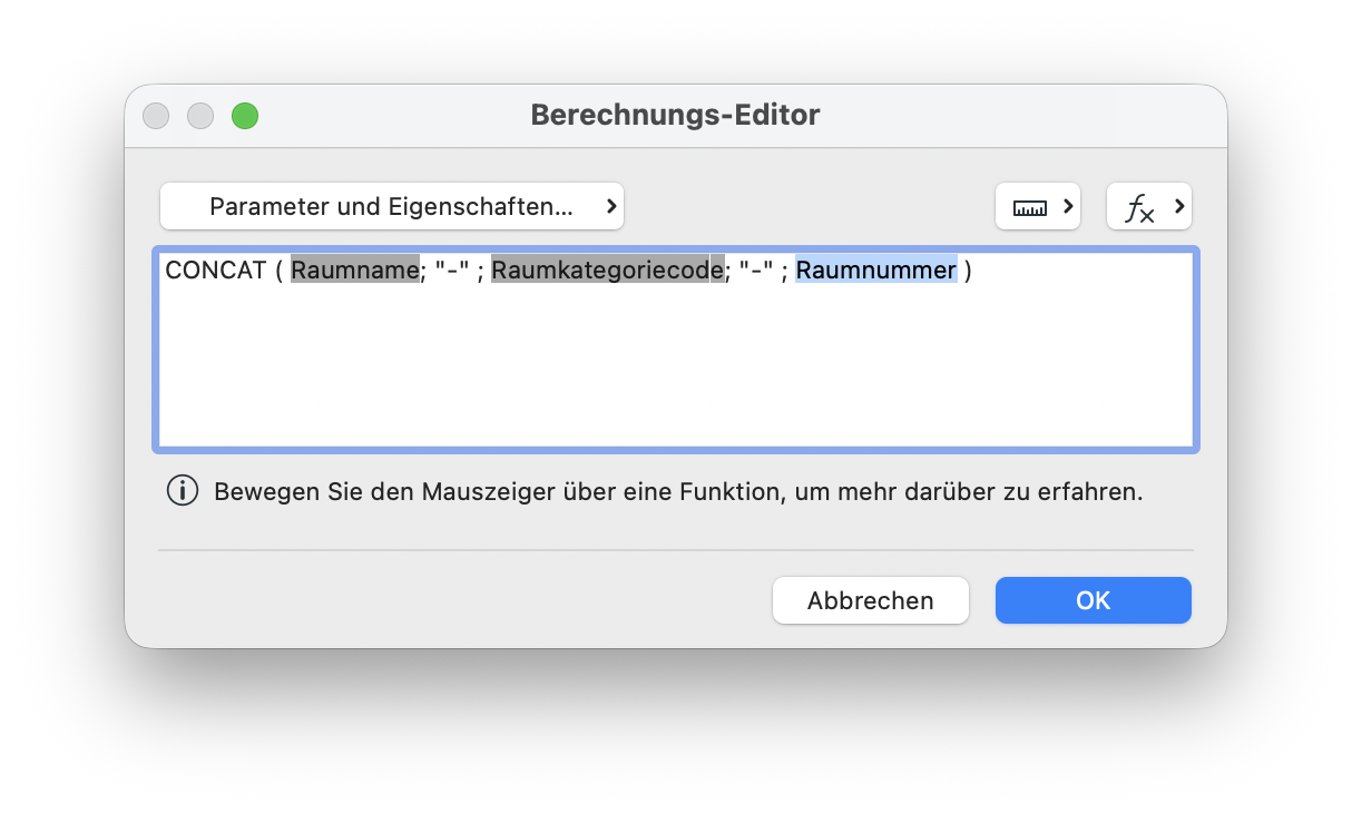 Berechnungs-Editor mit CONCAT-Funktion für Raumname, -kategoriecode und -nummer.