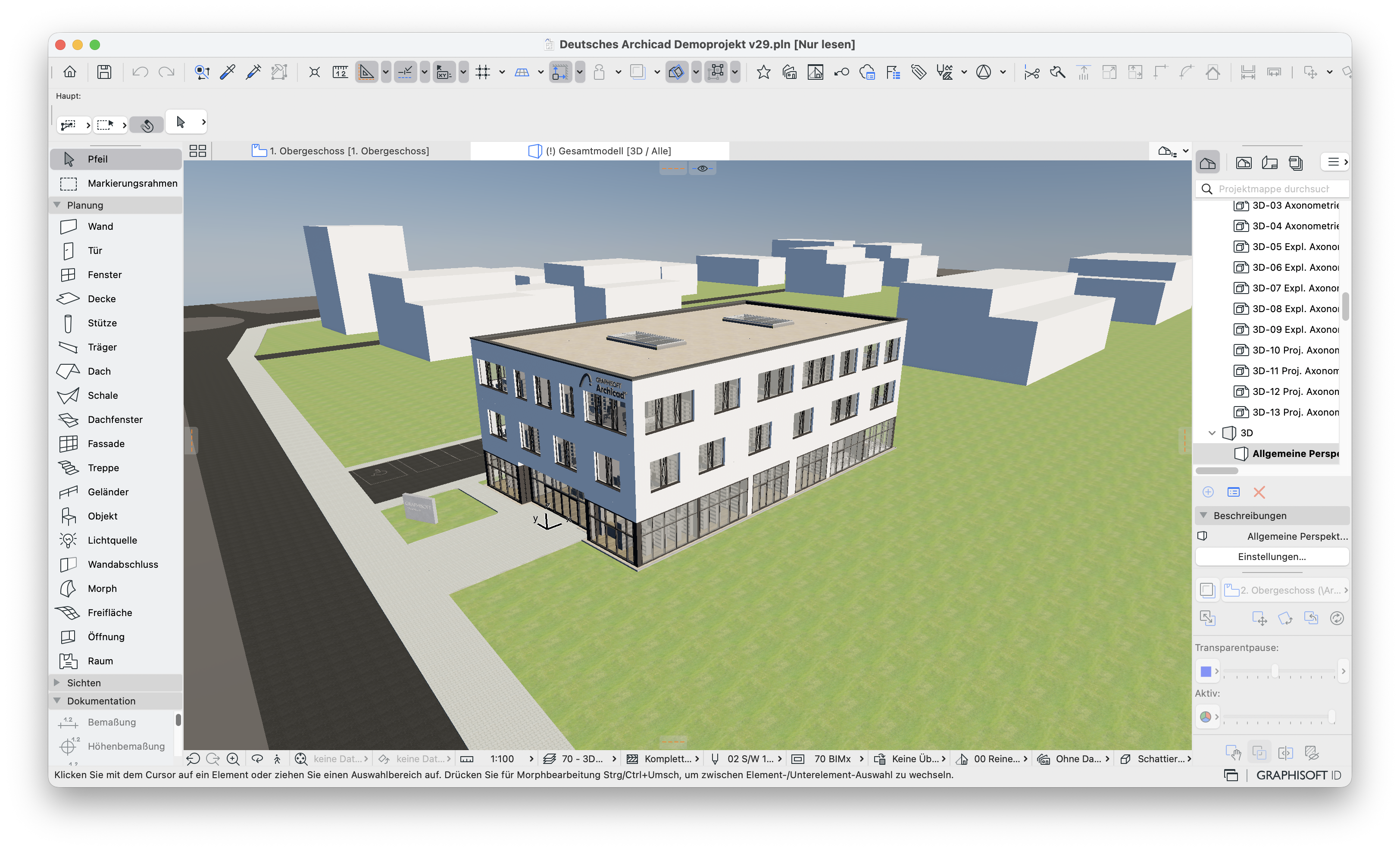 3D‑Fenster mit einem viergeschossigen Bürogebäude aus dem deutschen Demoprojekt in perspektivischer Ansicht, umgeben von Grünflächen Straßen und schematischen Nachbarvolumen, mit sichtbarer Werkzeugpalette links und Projektmappe rechts. Der Himmel im 3D ist blau eingefärbt.