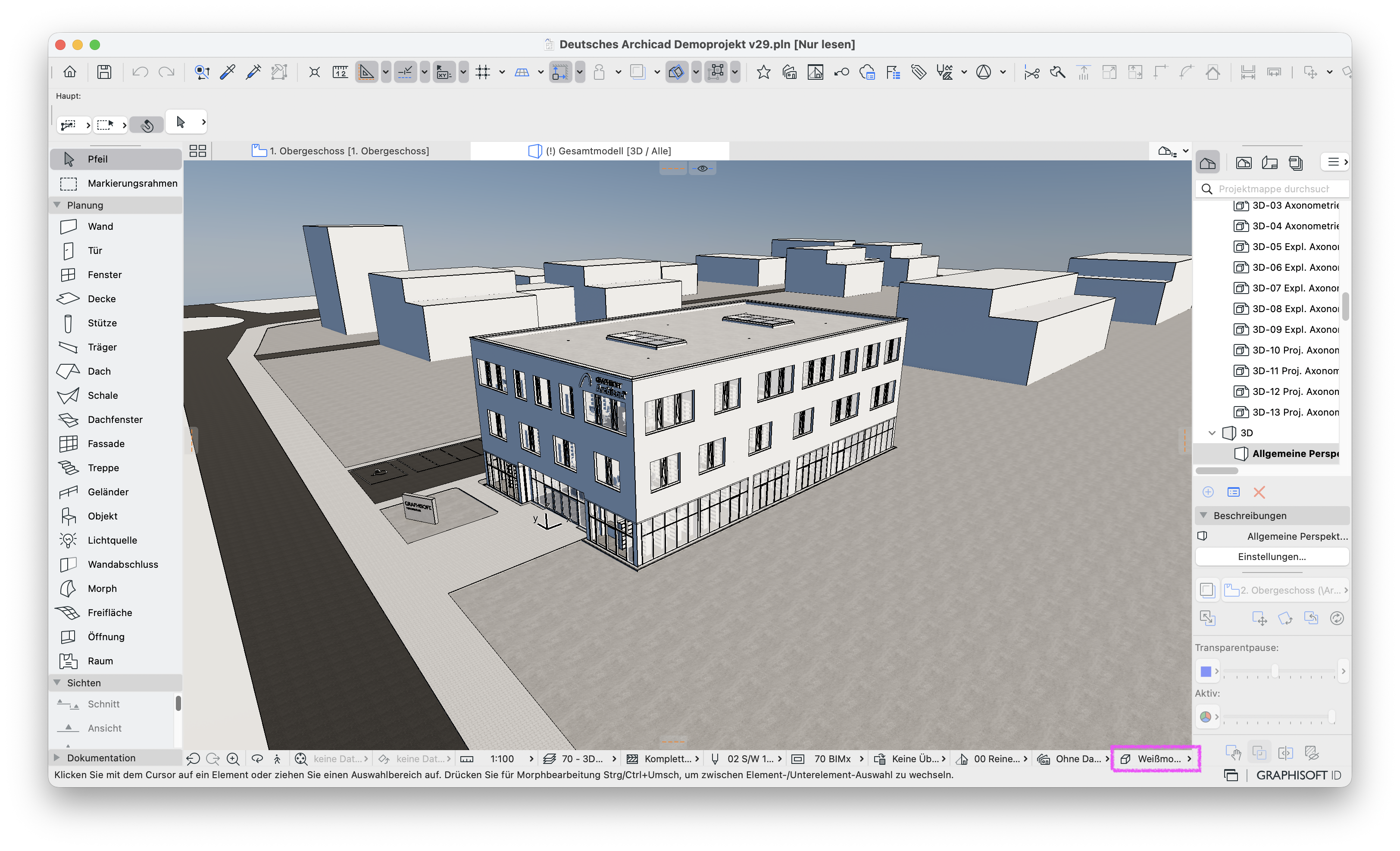 3D‑Fenster mit demselben Bürogebäude aus dem deutschen Demoprojekt in perspektivischer Ansicht, diesmal mit schattenfreier weißer Umgebung und aktivierter grafischer Kombination&nbsp;Weißmodell, erkennbar über die markierte Einstellung in der Statusleiste unten rechts. Der Himmel im Hintergrund, bleibt jedoch unverändert blau.