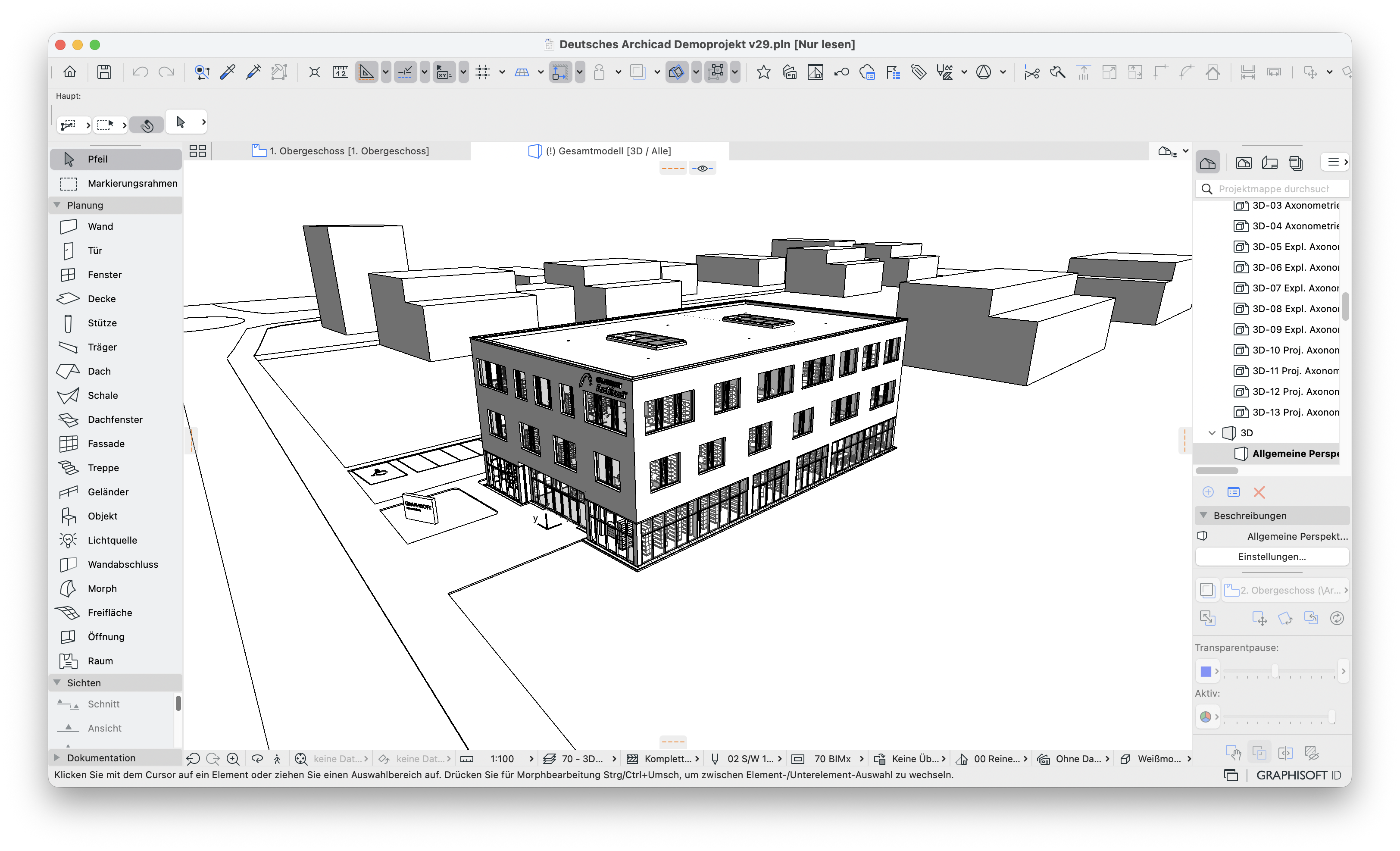 3D‑Fenster mit demselben Bürogebäude aus dem deutschen Demoprojekt in perspektivischer Ansicht, diesmal mit schattenfreier weißer Umgebung und aktivierter grafischer Kombination&nbsp;Weißmodell, erkennbar über die markierte Einstellung in der Statusleiste unten rechts. Der Himmel im Hintergrund ist jetzt weiß.