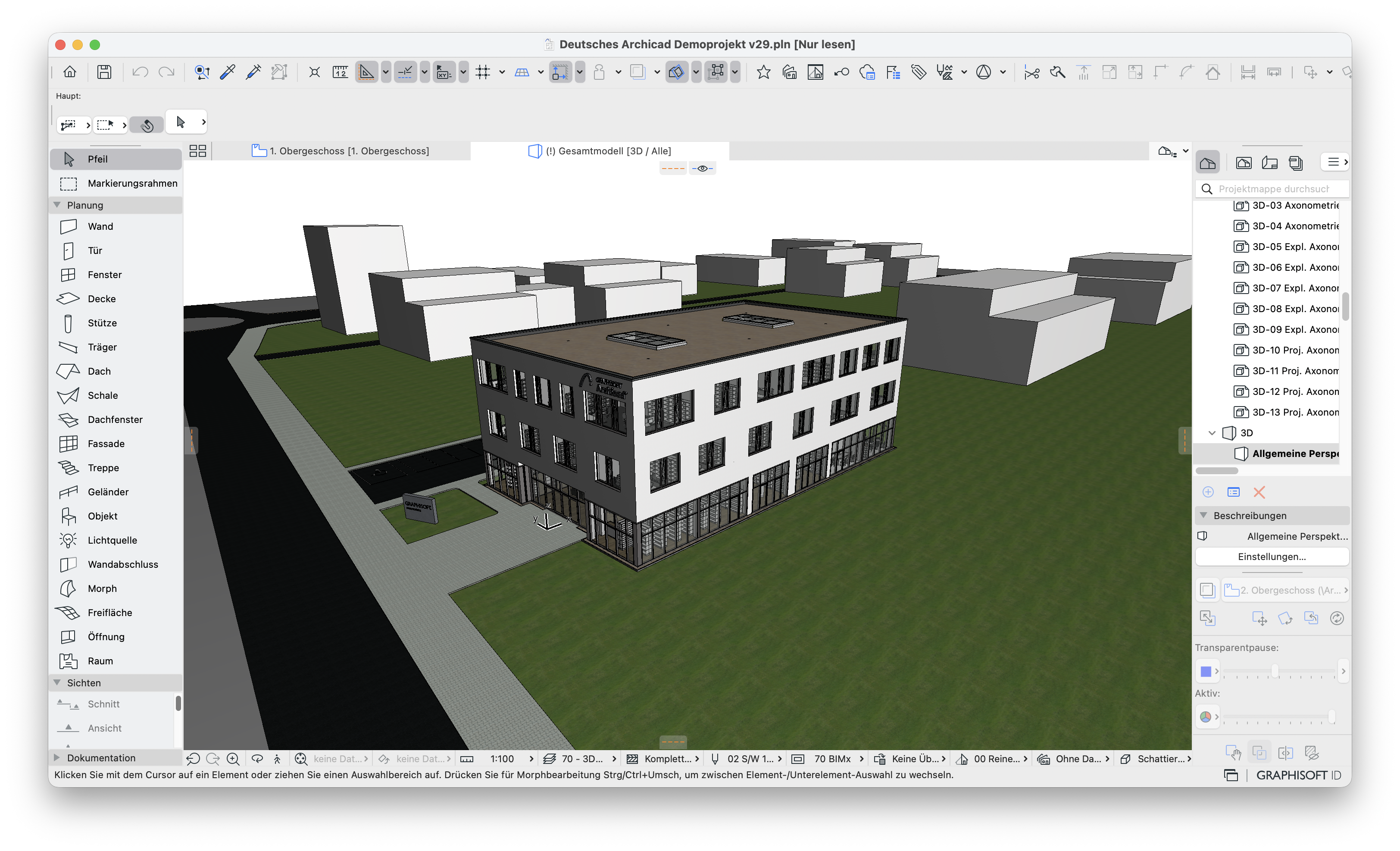 3D‑Fenster mit dem Bürogebäude aus dem deutschen Demoprojekt in perspektivischer Ansicht, nun mit aktivierter physikalisch basierter 3D‑Engine wodurch Beleuchtung und Schatten kontrastreicher und realistischer dargestellt werden. Der Himmel im Hintergrund wird jetzt weiß angezeigt.
