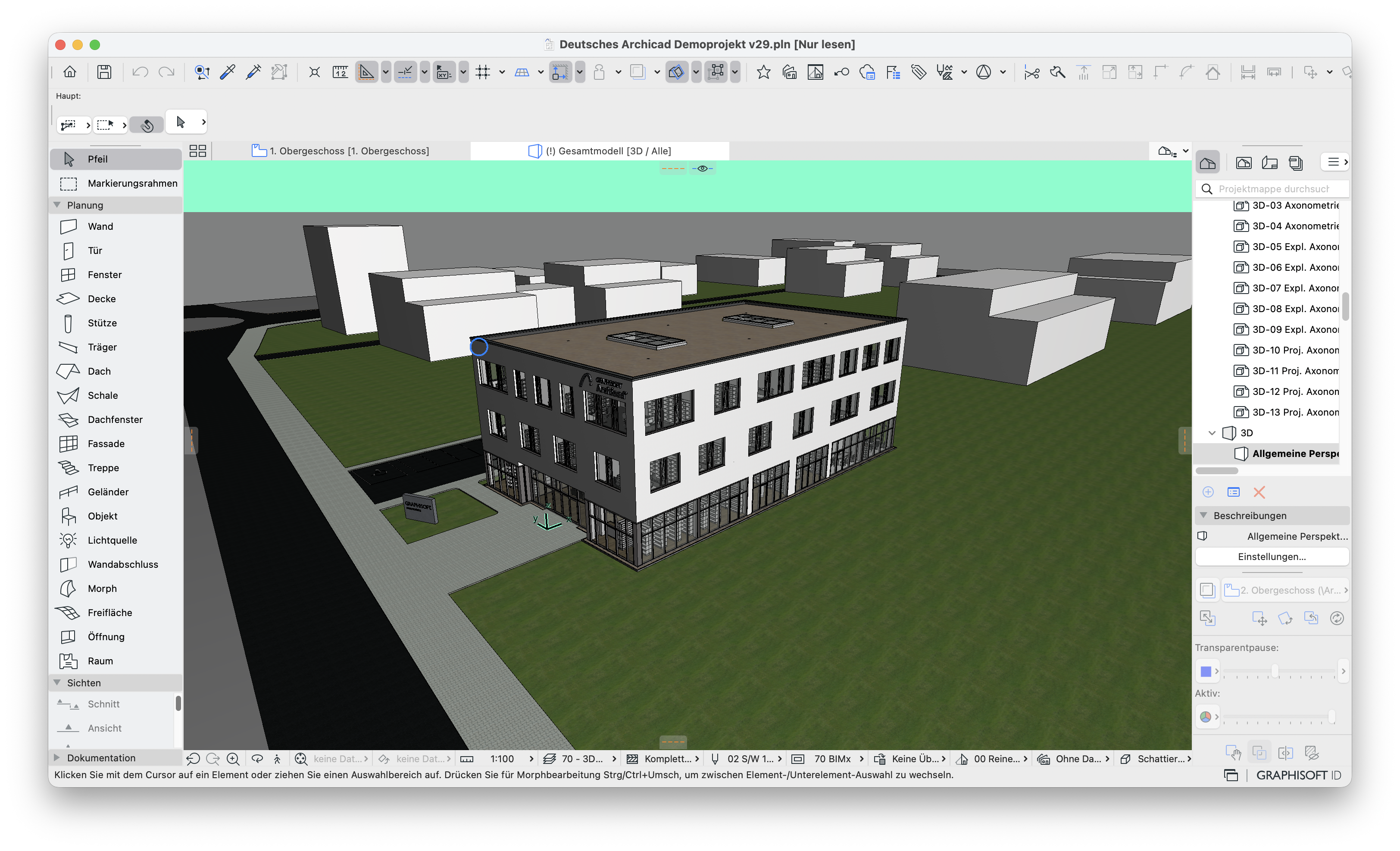 3D‑Fenster mit dem Bürogebäude aus dem deutschen Demoprojekt in perspektivischer Ansicht, nun mit hellgrüner Himmelsfarbe und grauer Bodenfarbe entsprechend dem angepassten 3D‑Stil Schattierung während Modell und Umgebung unverändert dargestellt werden.