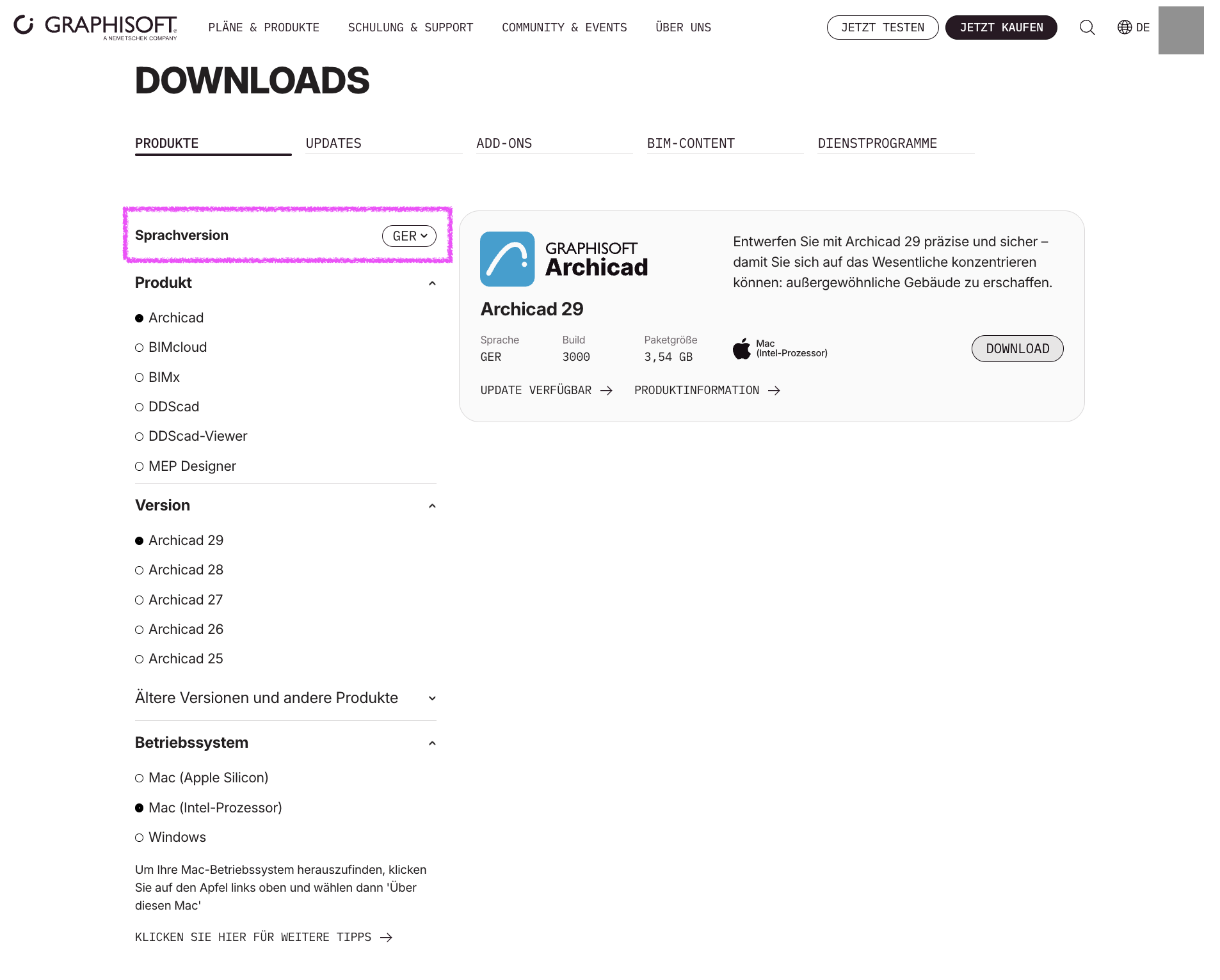 Browserfenster auf der GRAPHISOFT‑Downloadseite, links ist als Sprachversion GER ausgewählt und in den Filtern darunter sind Archicad als Produkt Archicad 29 als Version und Mac (Intel‑Prozessor) als Betriebssystem markiert während rechts das Download‑Panel für Archicad 29 GER Build 3000 mit Schaltfläche DOWNLOAD angezeigt wird.