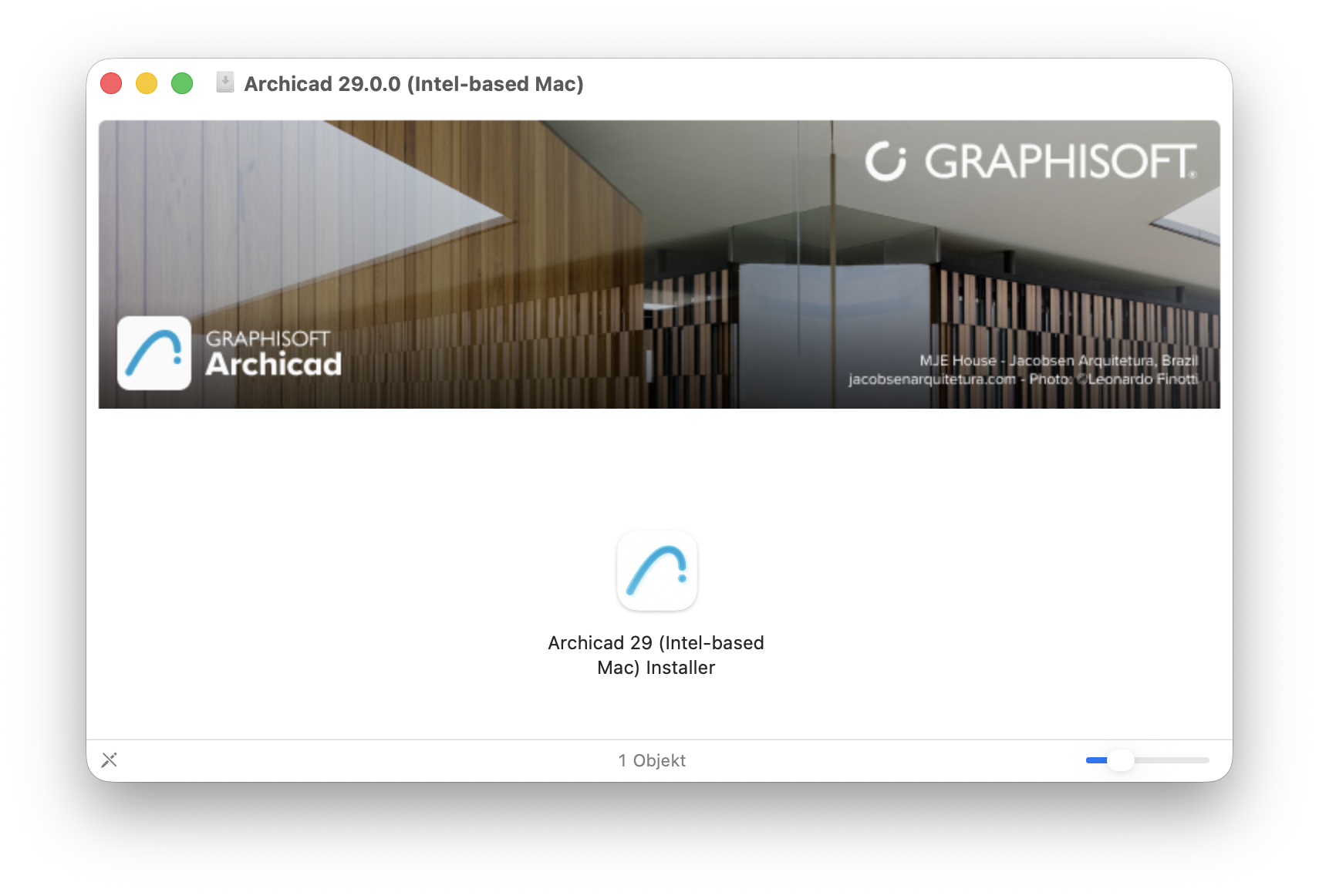 Fenster eines geöffneten Disk‑Images ArchiCAD 29.0.0 (Intel‑based Mac) auf macOS mit großem Headerbild und zentral darunter einem einzigen Objekt dem Archicad 29 (Intel‑based Mac) Installer Symbol das zum Start der Installation per Doppelklick verwendet wird. ​