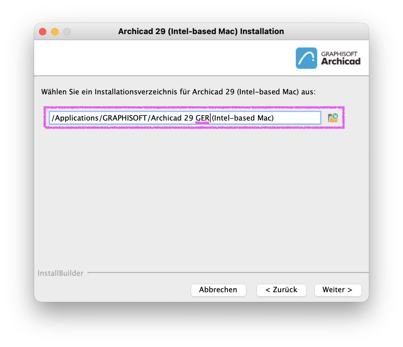 Dialogfenster ArchiCAD 29 (Intel‑based Mac) Installation mit der Auswahl des Installationsverzeichnisses, im hervorgehobenen Pfadfeld steht /Applications/GRAPHISOFT/ArchiCAD 29 GER (Intel‑based Mac) was den Zielordner für die deutschsprachige Version kennzeichnet während unten die Schaltflächen Abbrechen Zurück und Weiter > angezeigt werden.