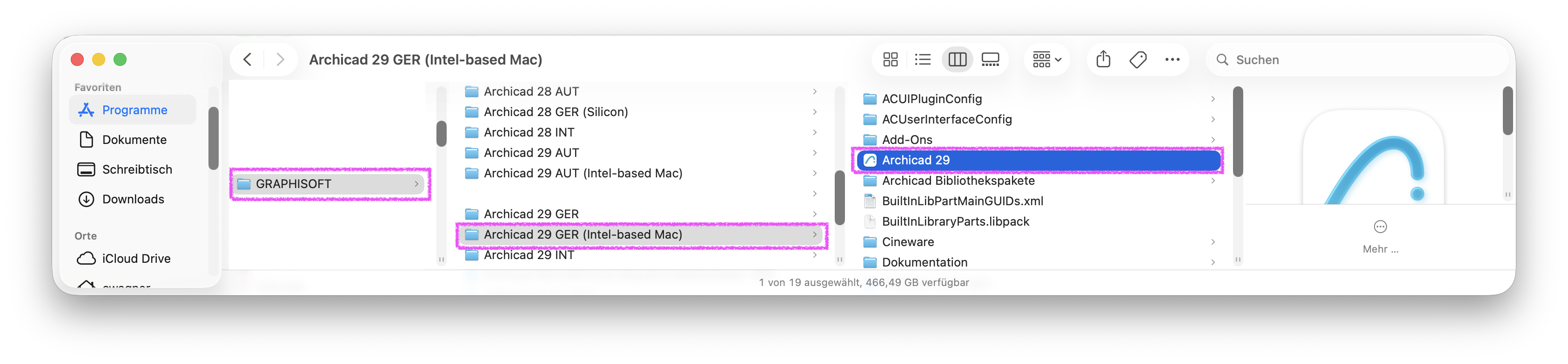 Finder‑Fenster auf macOS mit geöffnetem Ordner&nbsp;GRAPHISOFT, in der mittleren Spalte ist der Unterordner&nbsp;ArchiCAD 29 GER (Intel‑based Mac)&nbsp;markiert und in der rechten Spalte die Programmdatei&nbsp;ArchiCAD 29&nbsp;ausgewählt.