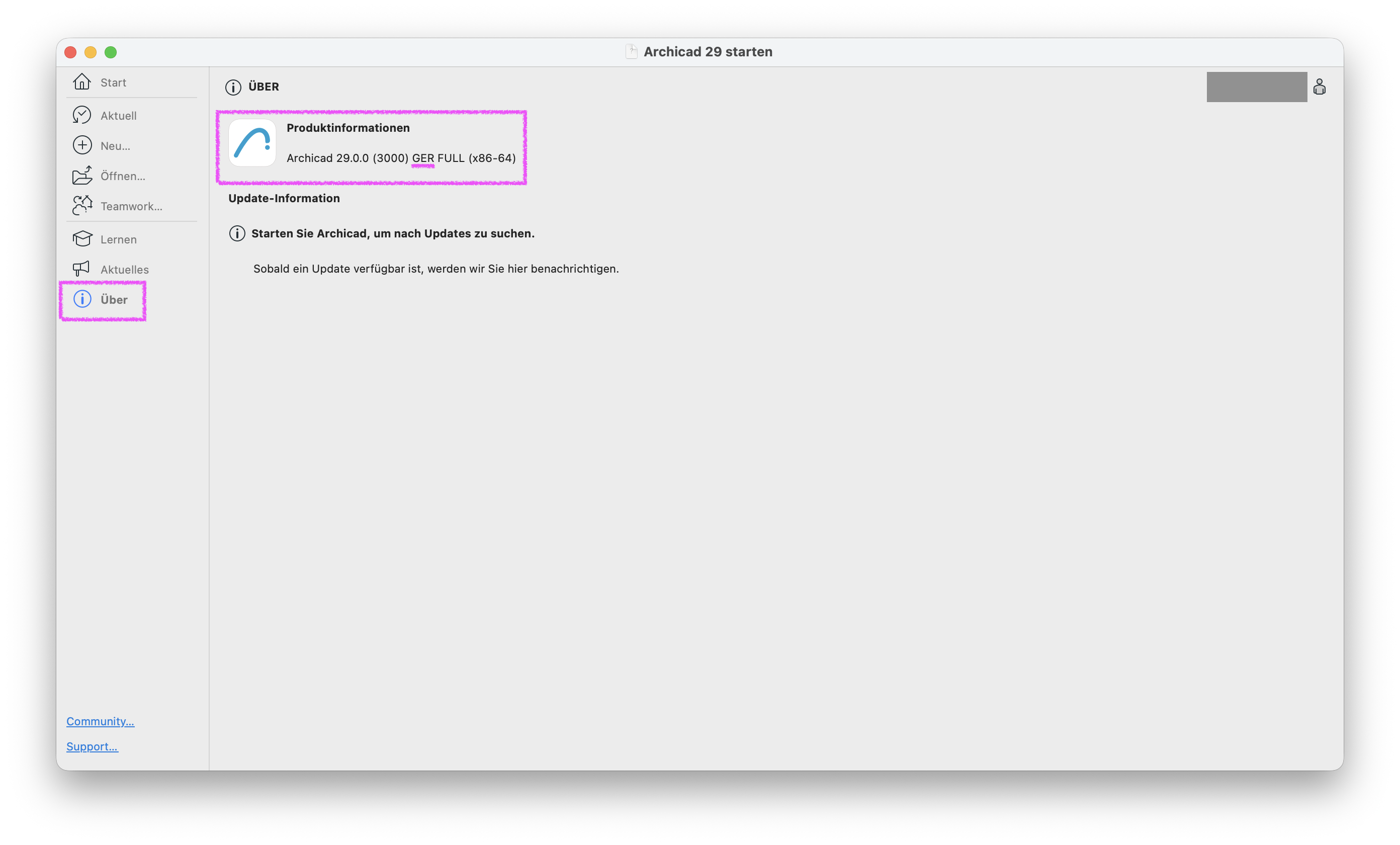 Startdialog von Version 29 auf macOS im Reiter Über, oben links im Bereich Produktinformationen wird ArchiCAD 29.0.0 (3000) GER FULL (x86‑64) angezeigt womit Buildnummer Sprachversion und Plattform der installierten Vollversion eindeutig ausgewiesen sind.