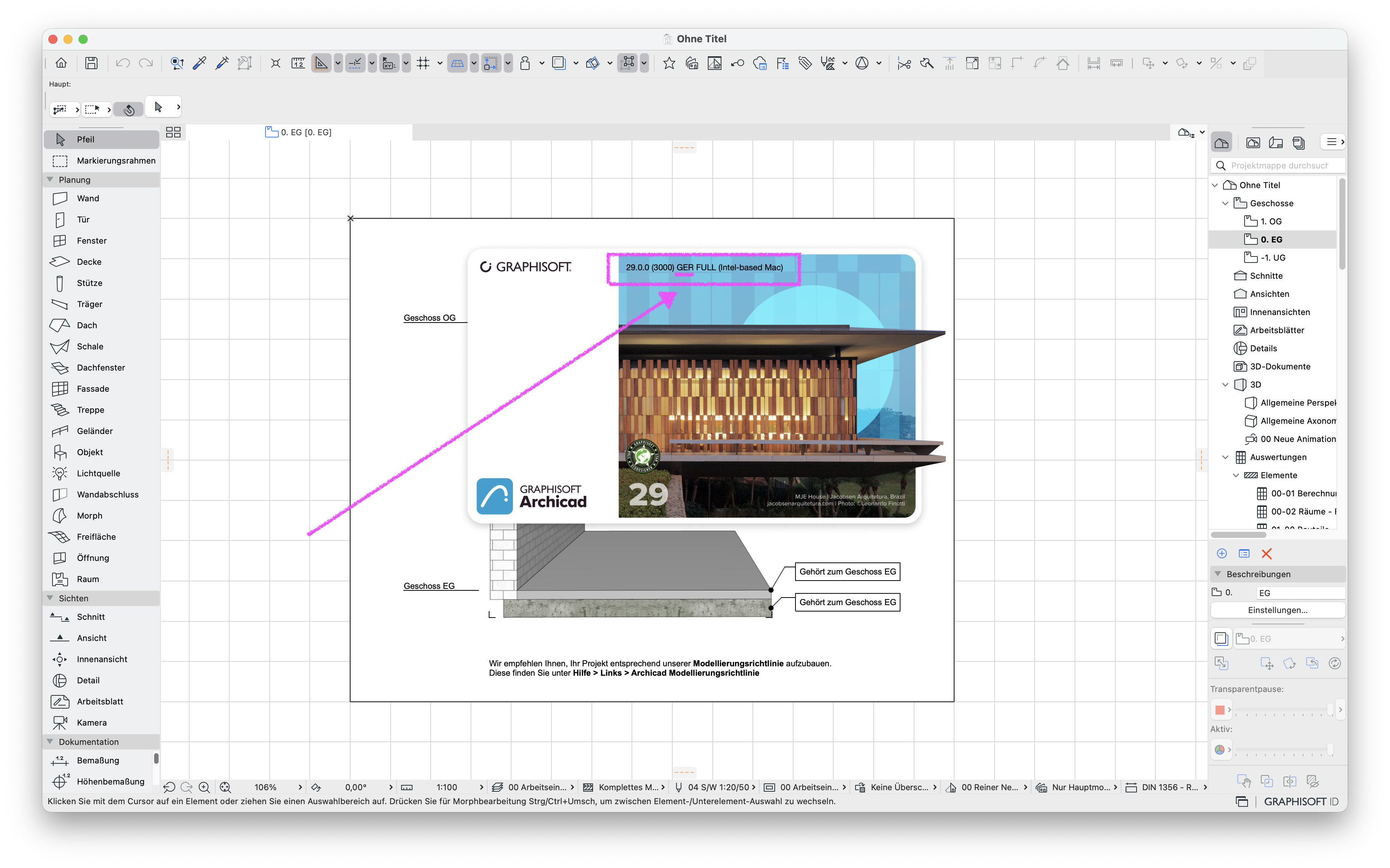 Geöffnete Archicad Datei mit dem Grundriss&nbsp;EG&nbsp;in Version 29, in der Mitte liegt das Startbild und oben darauf ist die markierte Versionszeile&nbsp;29.0.0 (3000) GER FULL (Intel‑based Mac)&nbsp;zu sehen wodurch die installierte deutschsprachige Vollversion eindeutig erkennbar ist.