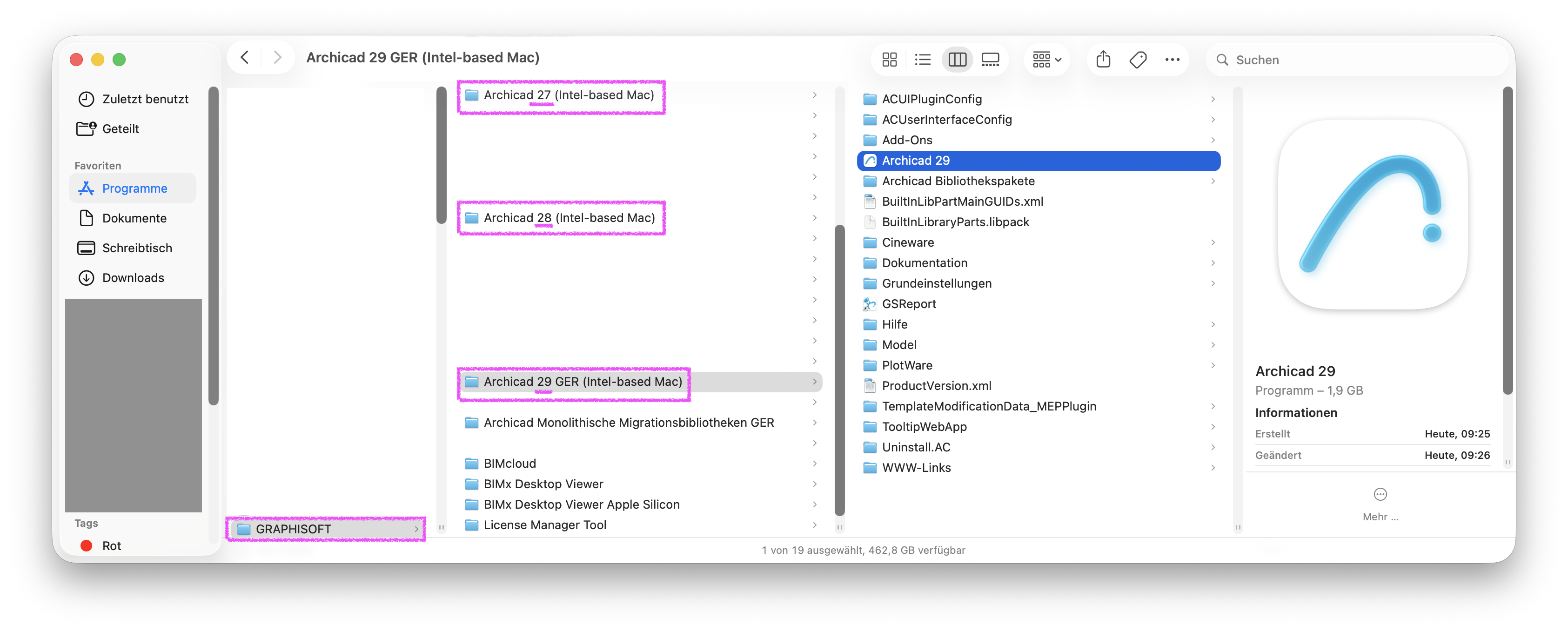 Finder‑Fenster auf macOS mit geöffnetem Ordner GRAPHISOFT unter Programme, in der mittleren Spalte sind die Ordner ArchiCAD 27 (Intel‑based Mac) ArchiCAD 28 (Intel‑based Mac) und ArchiCAD 29 GER (Intel‑based Mac) sichtbar wobei letzterer markiert ist und in der rechten Spalte dessen Inhalt mit der Programmdatei ArchiCAD 29 und weiteren Unterordnern wie Hilfe Model und Dokumentation angezeigt wird während rechts die Dateiinformationen zur Anwendung ArchiCAD 29 erscheinen.