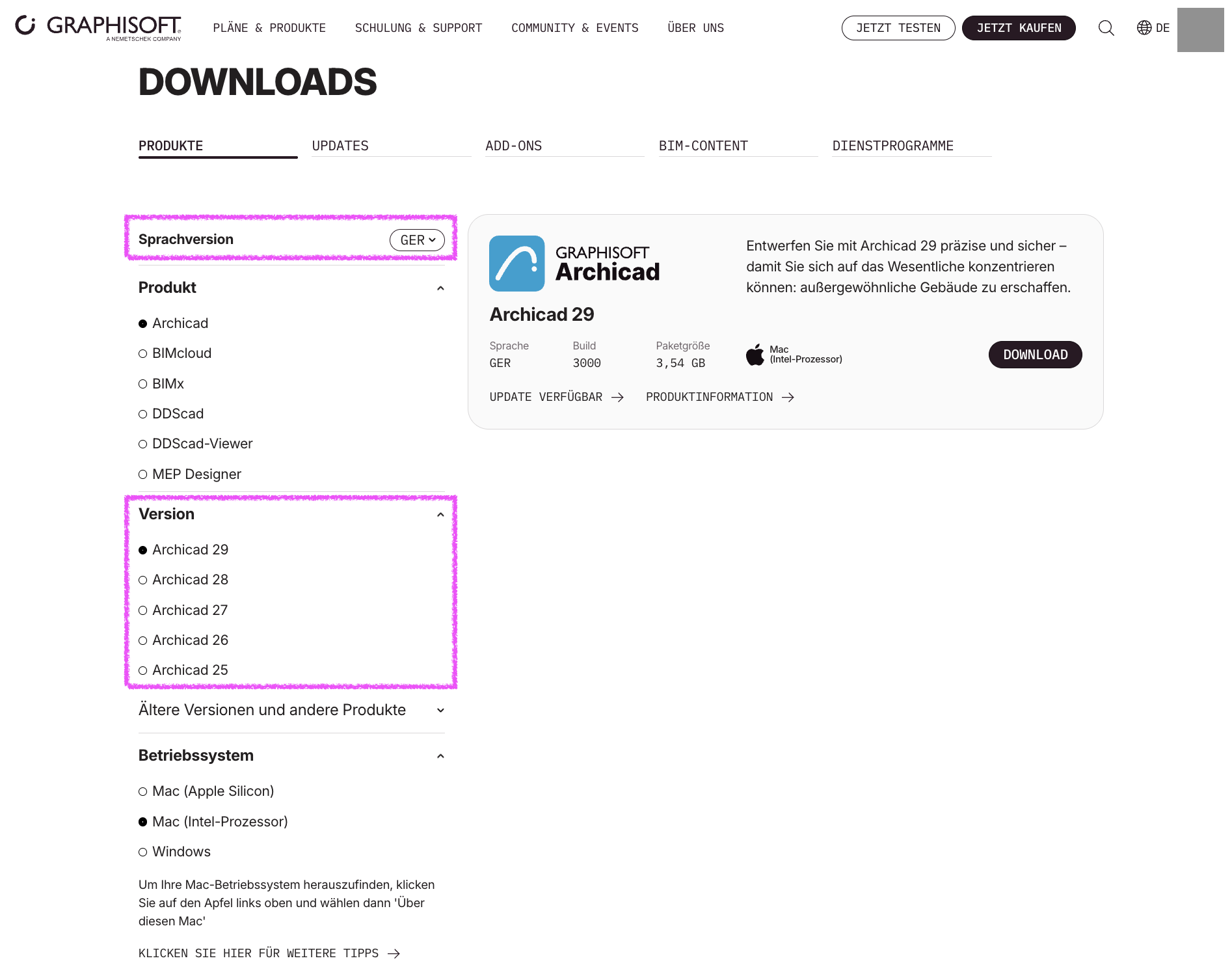 Downloadseite von GRAPHISOFT im Reiter Produkte, links ist als Sprachversion GER und als Version ArchiCAD 29 ausgewählt während im rechten Bereich das Produktfeld ArchiCAD 29 GER Build 3000 mit Paketgröße 3,54 GB und der Schaltfläche DOWNLOAD für Mac (Intel‑Prozessor) angezeigt wird.