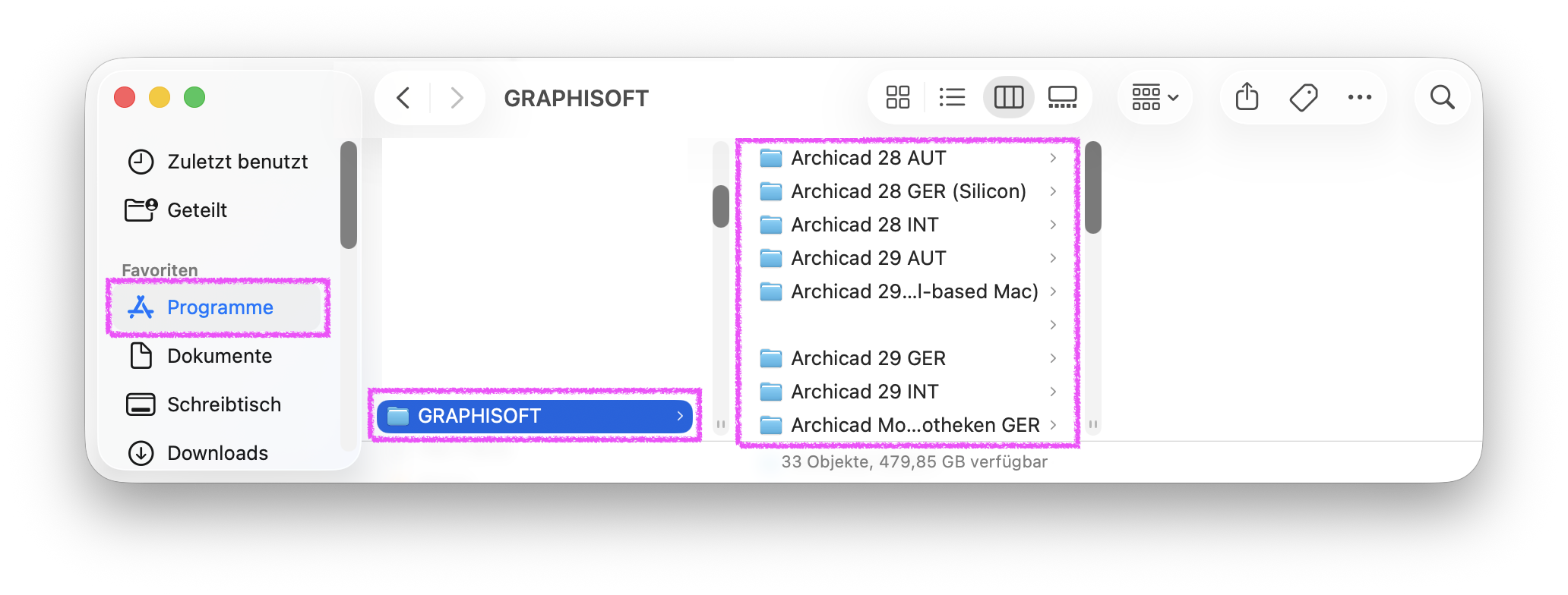 Finder‑Fenster auf macOS, im Bereich Favoriten ist Programme markiert und im Ordner GRAPHISOFT werden mehrere Installationsordner verschiedener Archicad‑Versionen angezeigt z.B. Archicad 28 GER (Silicon) Archicad 29 GER und internationale Varianten.