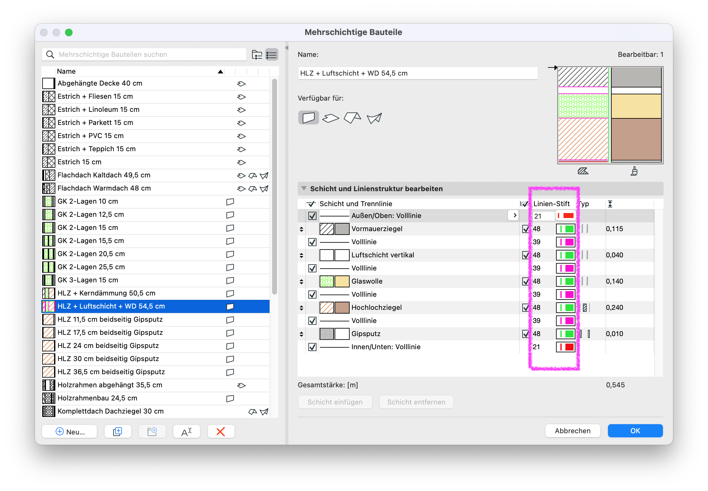 Archicad Composite Structures dialog showing the composite “HLZ + Luftschicht + WD 54.5 cm” with highlighted line pen settings for the individual layers and separator lines.