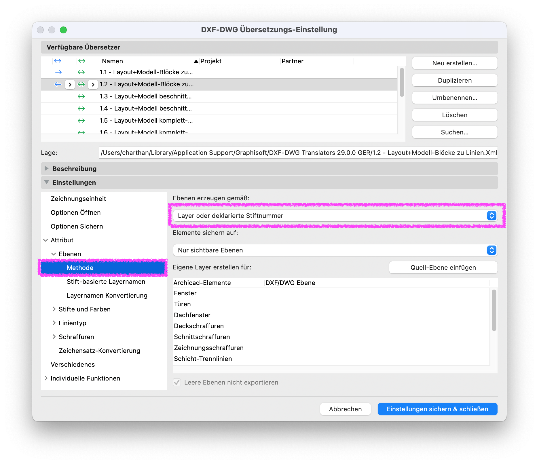 Archicad DXF/DWG Translator Settings dialog showing the Layer creation method set to “Layer or declared pen number.”