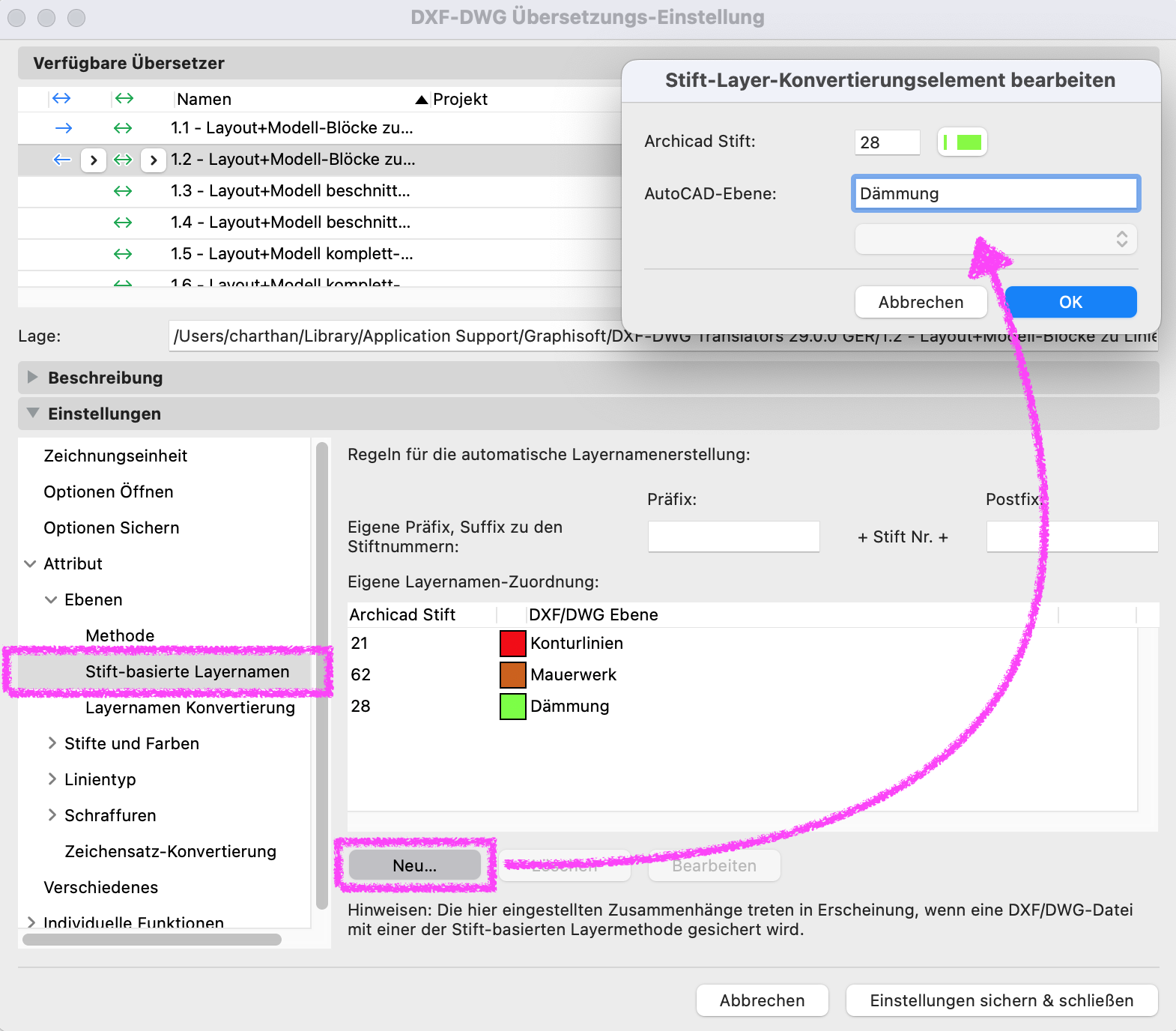 Archicad DXF/DWG Translator Settings dialog showing Pen-based layer names, with a mapping assigning Archicad pen 28 to the AutoCAD layer “Dämmung.”