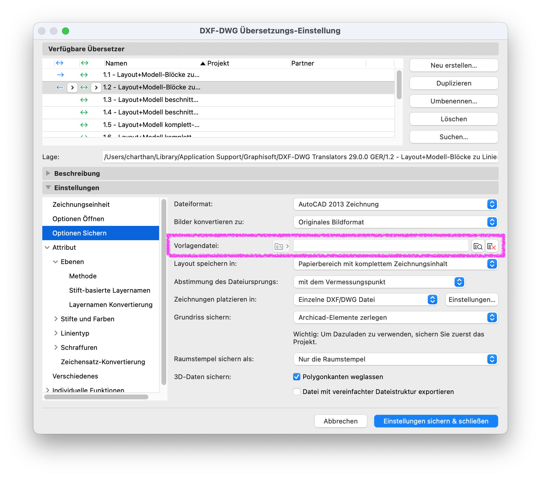 Archicad DXF/DWG Translator Settings dialog showing the Save Options with the Template file field for the DWG export highlighted.