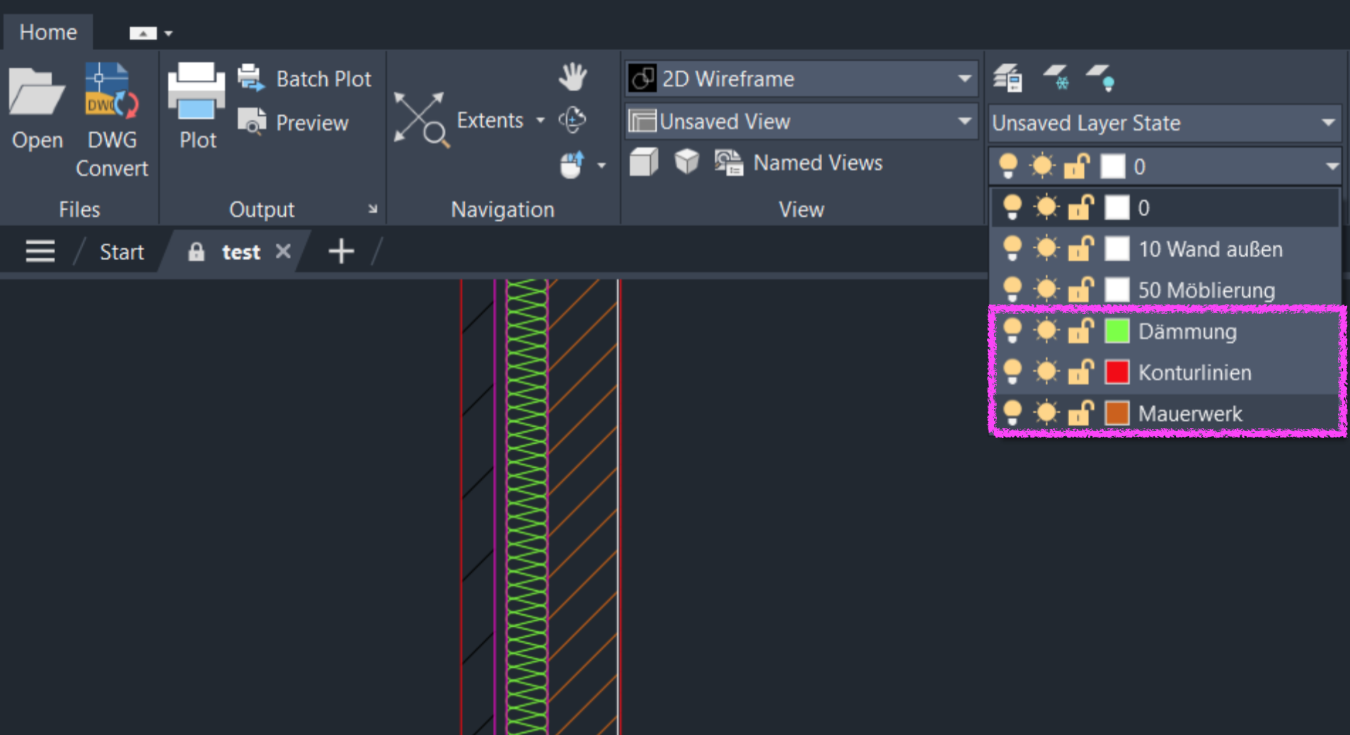 AutoCAD interface showing the Layer panel with layers “Dämmung,” “Konturlinien,” and “Mauerwerk” displayed with their assigned colors.