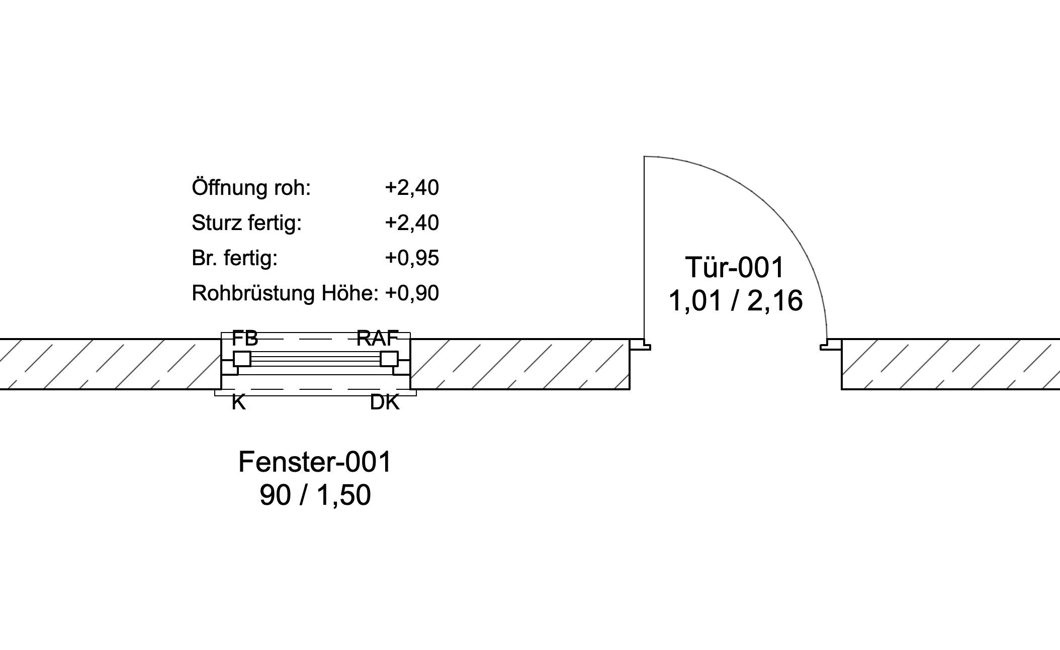 Architectural section detail showing a window and door with labeled dimensions and height references, including opening height, lintel height, finished sill height, and rough sill height.