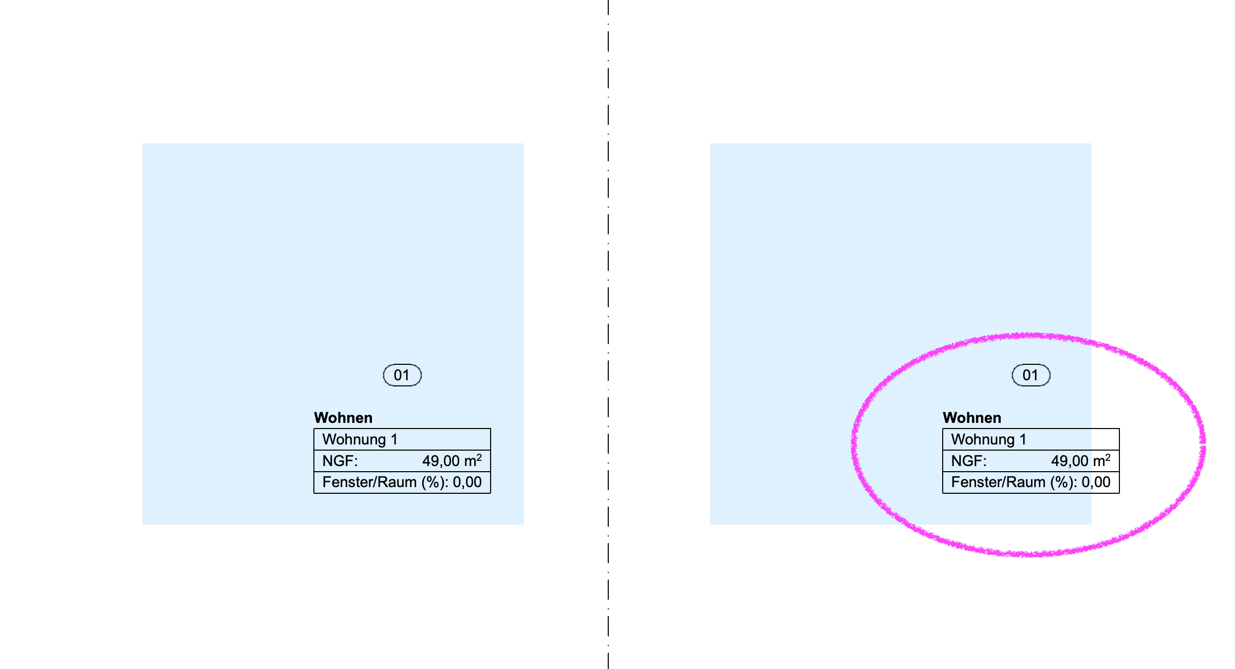 Comparison of two Archicad zone stamps showing zone name, apartment name, area, and window-to-room ratio, with the right example highlighting the displayed zone information.