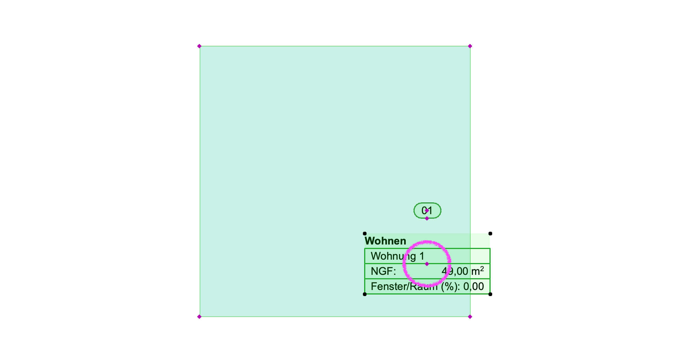 Archicad floor plan showing a selected zone with its zone stamp, including the zone name, apartment name, area, and window-to-room ratio displayed.